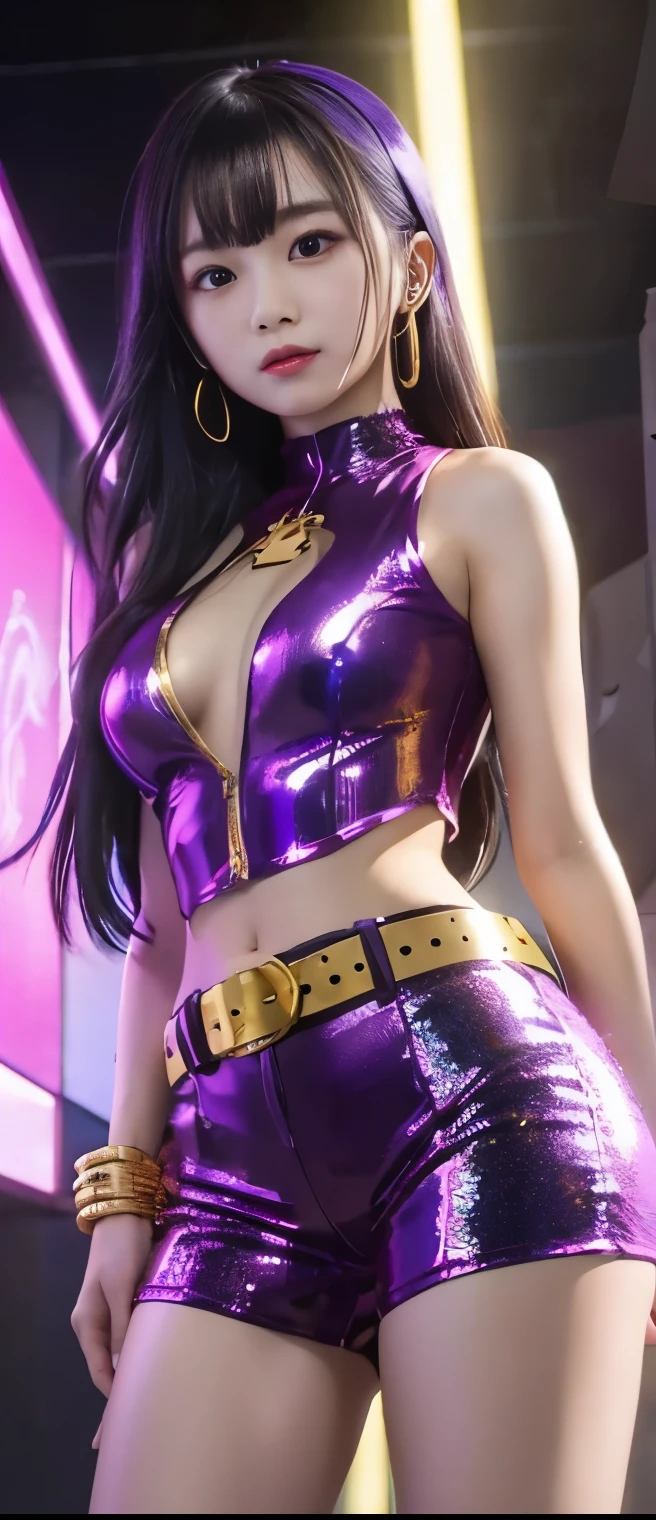 Purple hair and eyes(glowing purple ), golden hue skin, clear skin, hyper realistic, best quality. Black fire, full body, sharp features, dainty nose, full body image, golden ratio, princess attire, black lipstick,deep set eyes, partially revealing clothes