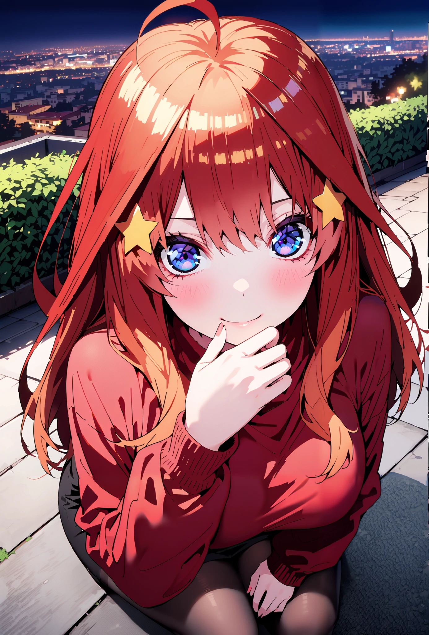 Nakano Mizuki , long hair, blue eyes, hair ornament, red hair, glass, stupid hair,star ( symbol ), half rimless glasses, Underrim Glasses, star hair ornament,smile,cover,close your mouth, Big Breasts, comments,Oversized sweater,( turtleneck:1.2),black pantyhose,boots,Beautiful Scenery,Beautiful cityscape,clothed,full bodyがイラストに入るように,break outdoors,garden,
break looking at viewer,full body,
break (masterpiece:1.2),top quality , kampala, Unity 8K Wallpaper ,(shape:0.8),( fine, beautiful eyes :1.6),It's a person ,full body写真,CG Details , (perfect hands,complete anatomy),