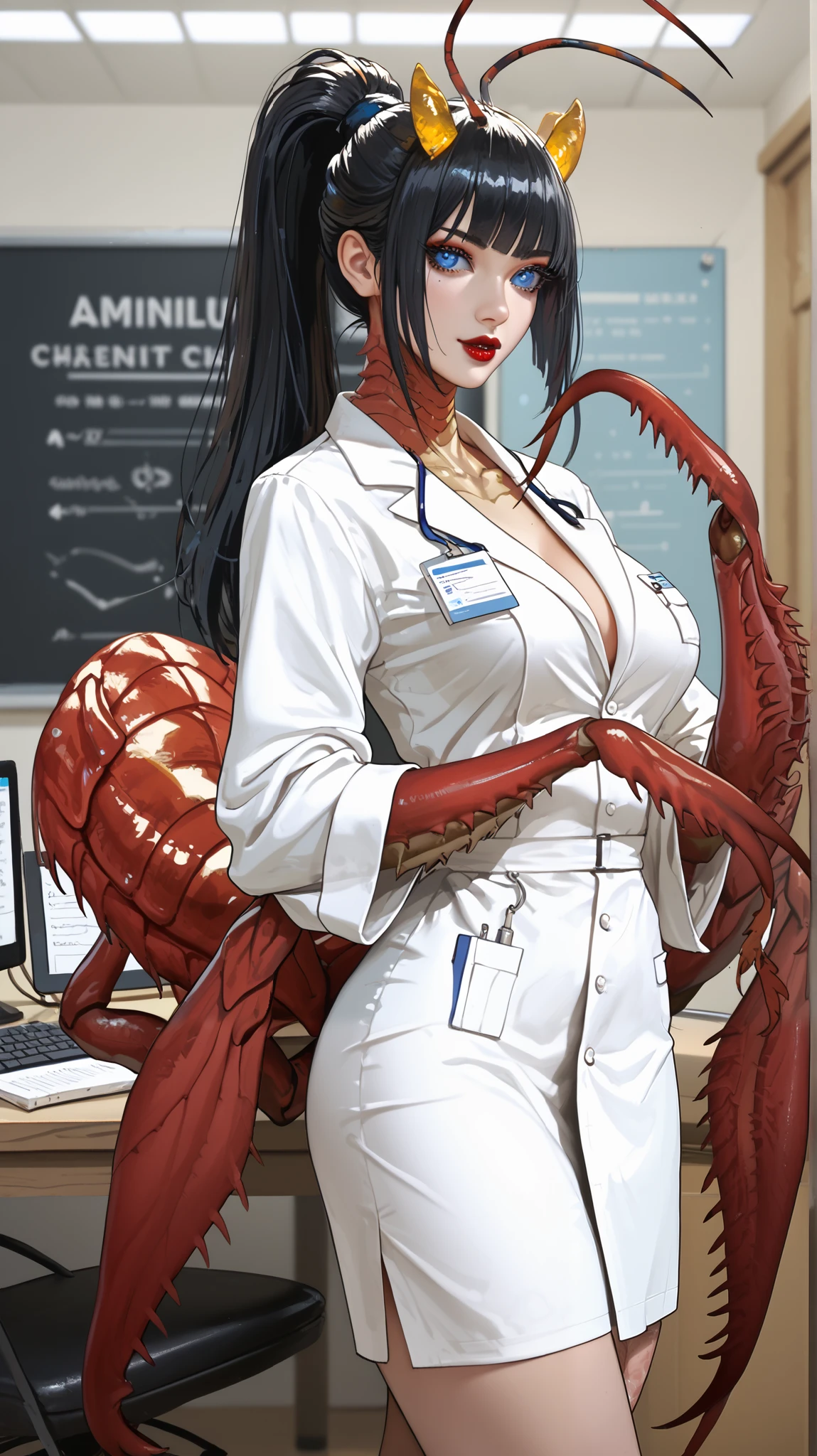 The monster woman is demon-centipede hybrid, she is dressed in a doctor's costume: , white medical robe in oriental style, silicone gloves. Her lower body, from the waist down, is a centipede. She has a second pair of hands in the form of mantis paws. There are two long horns on her head. she has black hair slanting bangs and long tall ponytail. She has expressive glowing blue eyes and black eyelids. She has red lipstick on her lips and she smiles mysteriously all the time. In the background : is a medical office of demonic hospital, in the room standing an anatomical model of a person, medical instruments are on the tables.