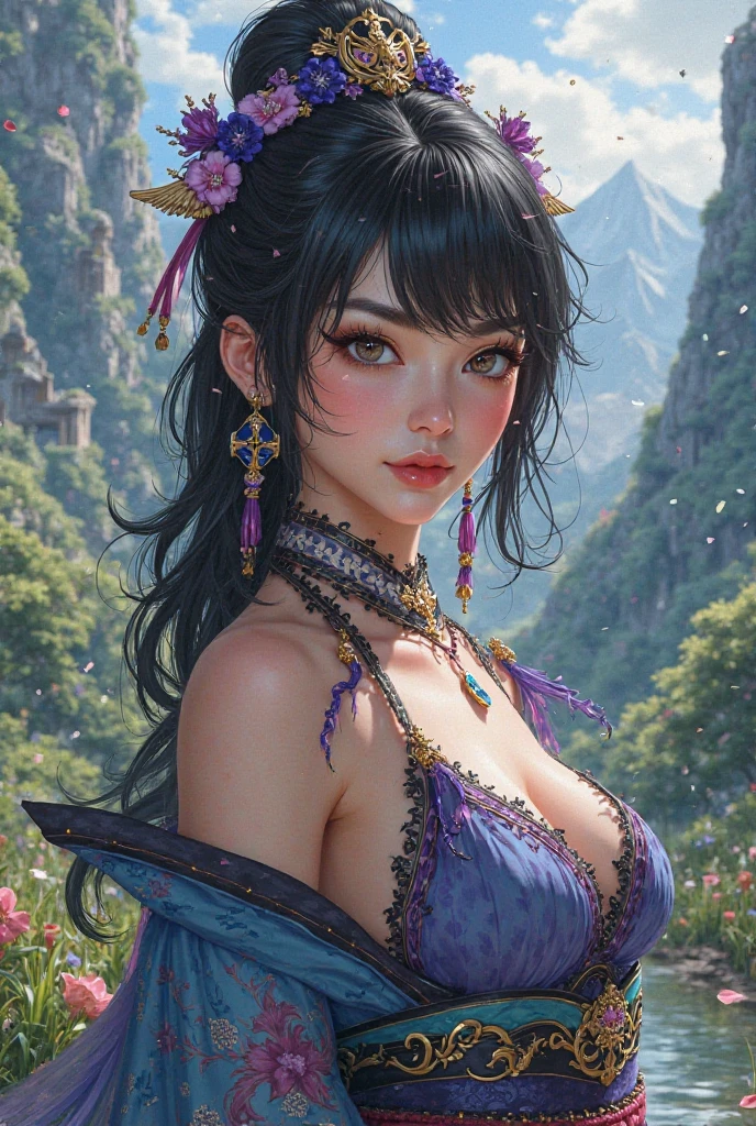 (masterpiece:1.5), (((top quality, best quality, high quality))), ((intricately detailed, ultra-detailed, insanely detailed)), highres, 32K, extremely detailed unity CG 8K wallpaper, (beautiful and aesthetic:1.2),, (depth of field:1.3), (immaculate:1.3), (delicate detailed depiction:1.4),
(((brilliant full natural lighting, luscious vibrant colors))), (ambient volumetric backlighting:1.5),  (illustration of an immensely beautiful woman:1.3),
(upper body:1.4), (perfectly centered:1.4), (natural willowy posture:1.5), (((dynamic pose, cinematic angle))),
(1milf:1.5), (solo:1.4),
beautiful gorgeous face, [(detailed face:1.2):0.2], bright eyes, pureerosface_v1, ulzzang-6500-v1.1,  (closed mouth:1.5), (red lips:1.4), (full lips:1.4), (smile:1.3),
attractive flawless body, (((pronounced feminine curves))), bright glistening skin, realistic skin, skin pores, (((toned belly, navel, groin:1.3))),
<lora:DPCQyunyunCF_20230801181044:0.75>, (((fluttering golden fabricated threads))), (fringed tassels:1.3), (long tight sleeves:1.4), (detached collar), (fabrication glitters:1.5), (luxury intricate clothing jewelries:1.5), (jeweled embroideries:1.4), (clothing sparkles:1.4), (sparkling particles:1.3), (((sagging front seam, sagging hind seam))), (((earrings, armlets, hairclip, hair ornaments))), <lora:venus_bikini_v0.1:0.85>,  
(standing alone in an outdoor magical garden decorated with jewelries and gemstones and colorful exotic flowers and bushes:1.5), (outside a grand ancient palace:1.5), <lora:detail_slider_v4:1.8>, <lora:weight_slider_v2:0.75>, <lora:naughty_to_nice_v2.5:2.5>, <lora:age_slider_v2:1.5>,