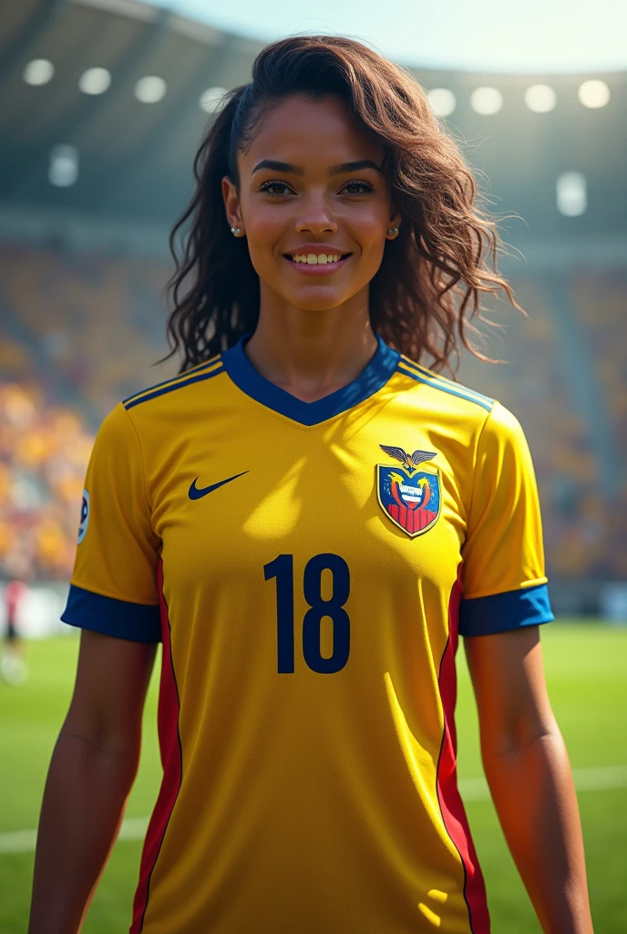 create a woman, with the Colombian national team shirt, with the number 10 and with the name Karol