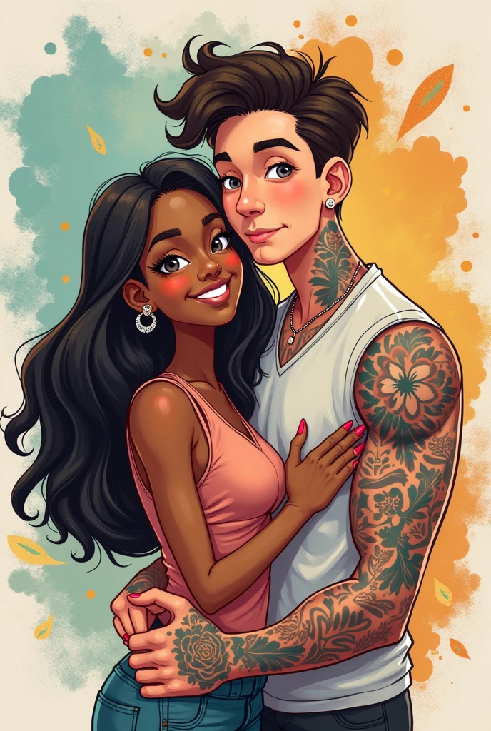She has long curly hair, bright olive skin and striking, light yellow eyes., curvy body and full lips.

He has short brown hair, a chiseled jaw, a beautiful tattooed body, and striking green eyes. He is so handsome that he looks like the actor who played Clark Kent but younger..

They are facing each other naked, she has her arms crossed and he has a mocking smile.. animated cartoon.
