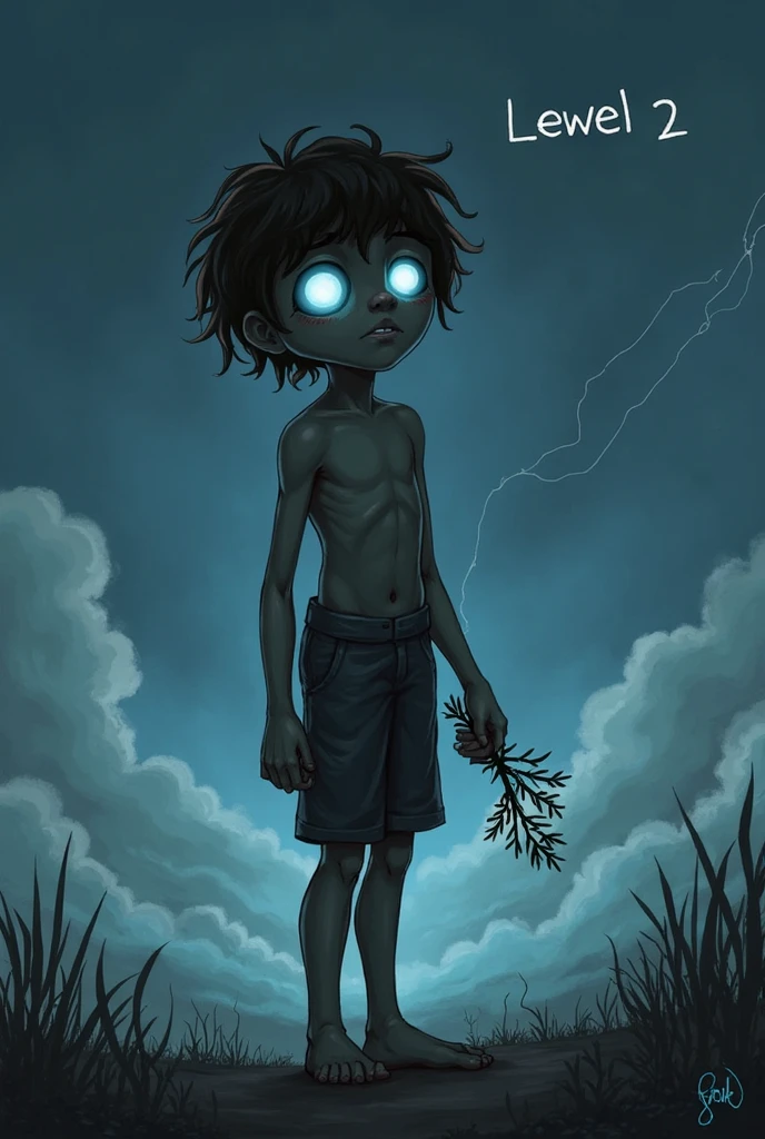 A skinny boy with slightly messy hair, his eyes faintly glowing with a blue light. He holds a small branch in his hand, his feet touching the ground. The sky starts to darken with light clouds, and a few faint lightning sparks appear in the distance. The text 'Level 2' is on the image.