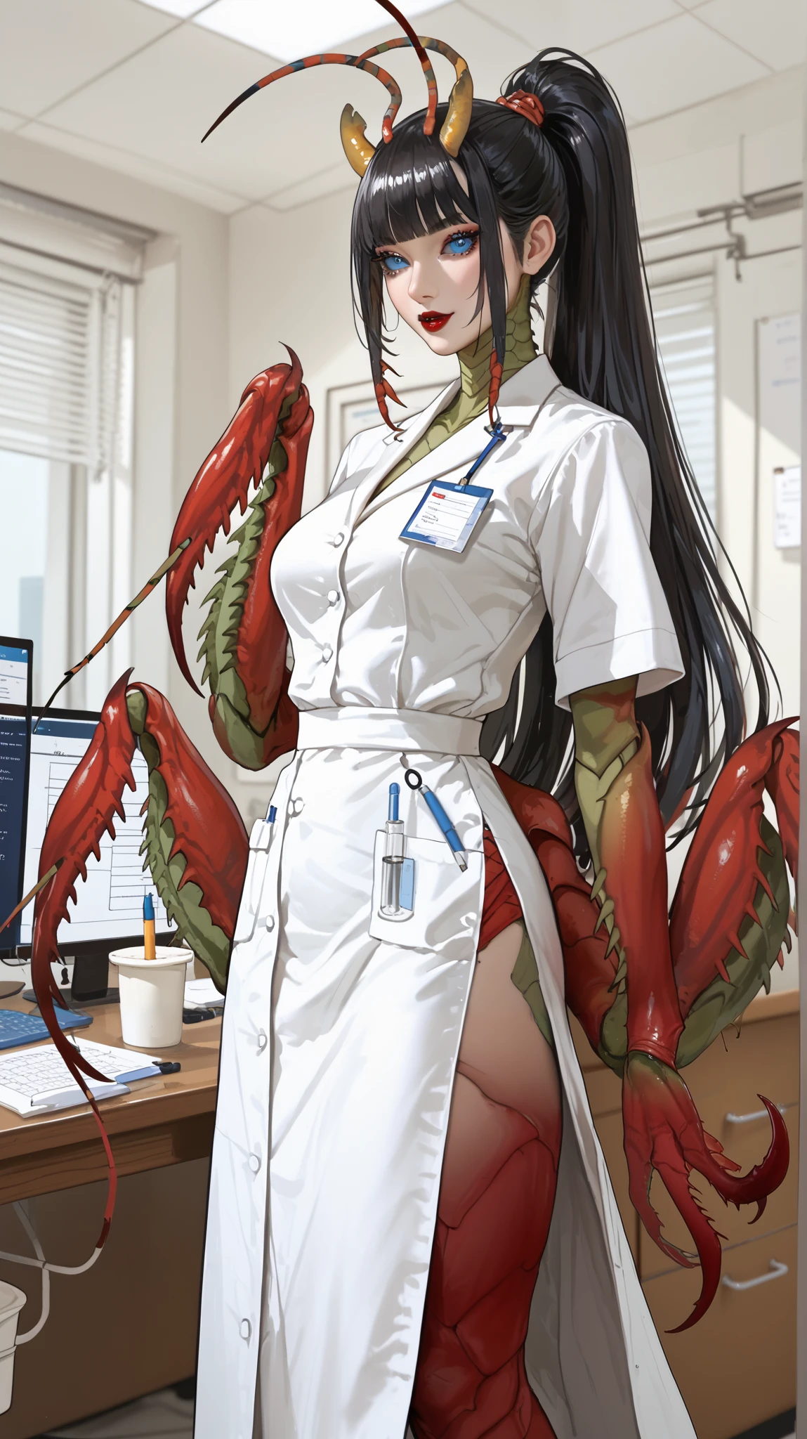The monster woman is demon-centipede hybrid, she is dressed in a doctor's costume: , white medical robe in oriental style, silicone gloves. Her lower body, from the waist down, is a centipede. She has a second pair of hands in the form of mantis paws. There are two long horns on her head. she has black hair slanting bangs and long tall ponytail. She has expressive glowing blue eyes and black eyelids. She has red lipstick on her lips and she smiles mysteriously all the time. In the background : is a medical office of demonic hospital, in the room standing an anatomical model of a person, medical instruments are on the tables.