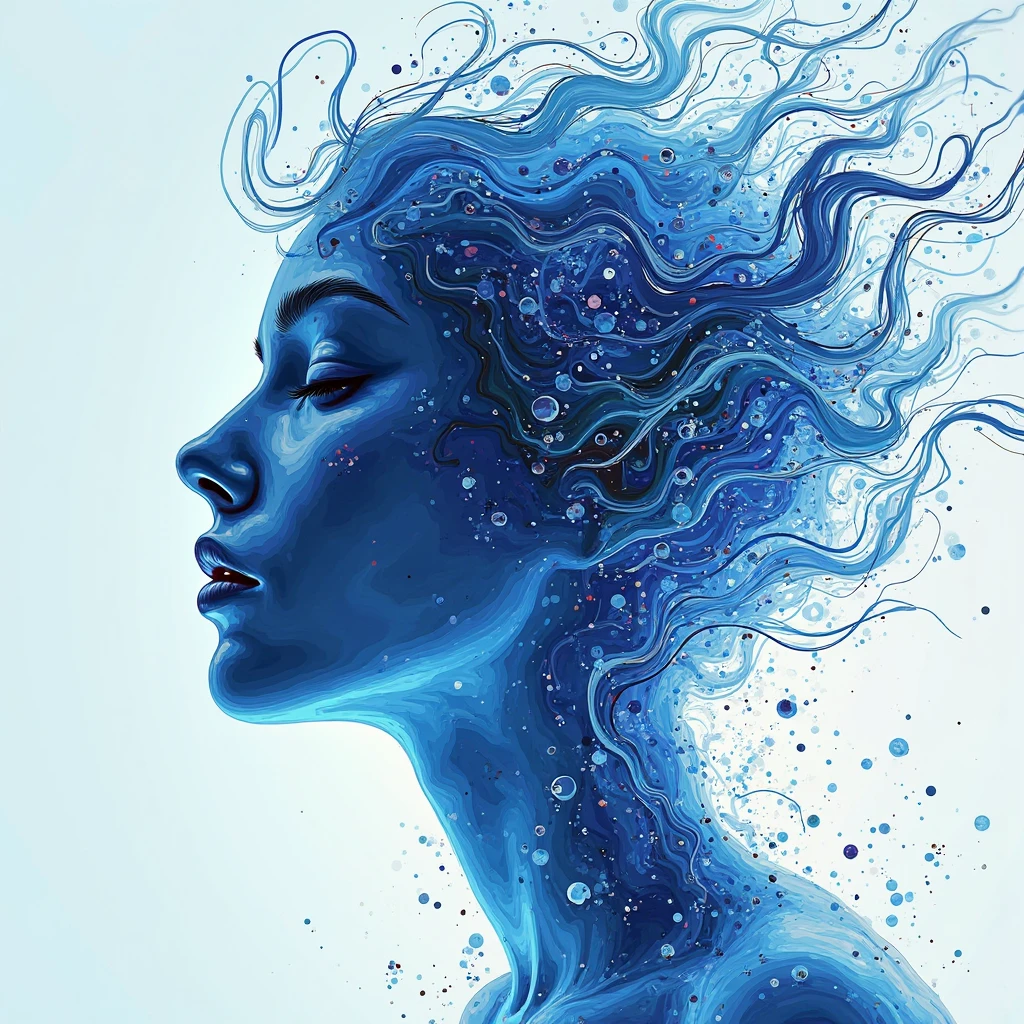 drawing man face line art choreography abstract blue and white and black color liquid psychedelic art