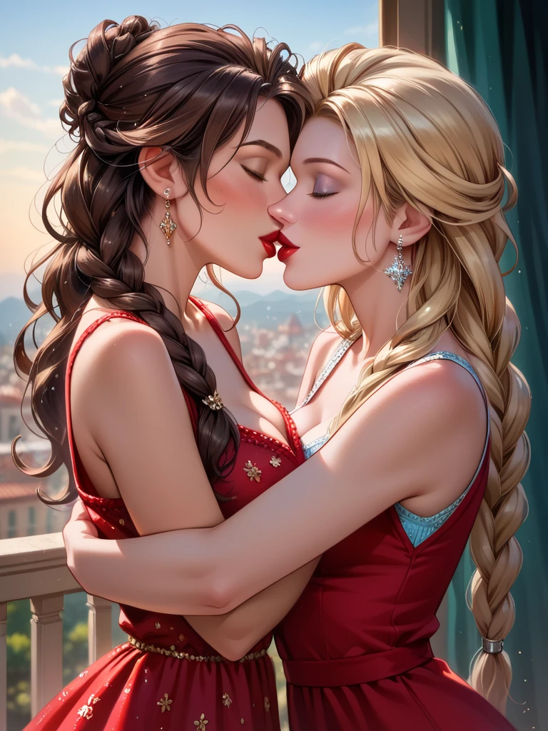 Arya Stark and Sansa Stark naked, kissing in a bed, in a medieval bedroom, in the Game of Thrones universe.
