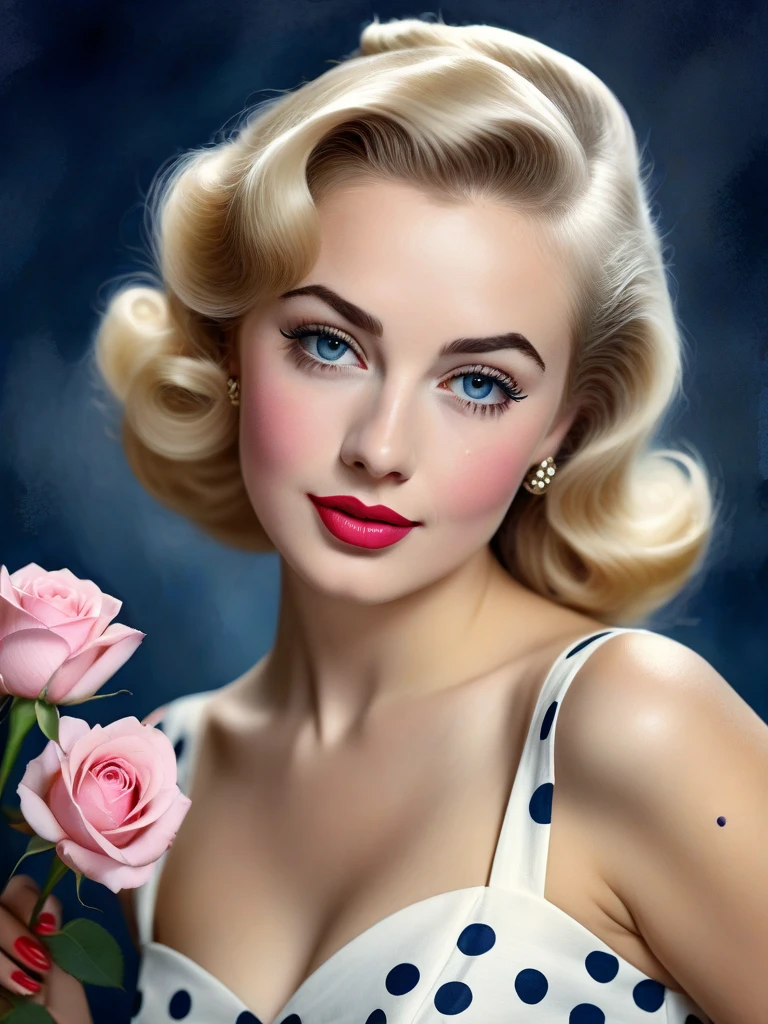 A retro-style pin-up painting of a woman reclining on the bed, with a softly blurred background. She has voluminous blonde hair, bright blue eyes, and a flirty smile. Wearing vintage, exotic lingerie.