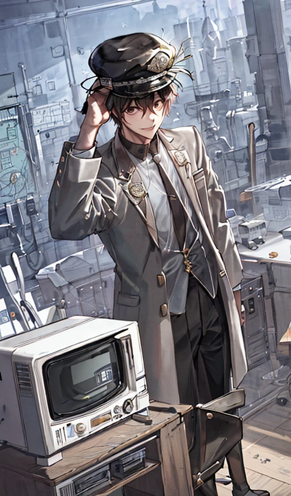 Absurd resolution, high resolution, (masterpiece: 1.4), hyper-detailed, young man messy black short hair pilot dressed up, background is a large scientific observatory with lots of big screens
