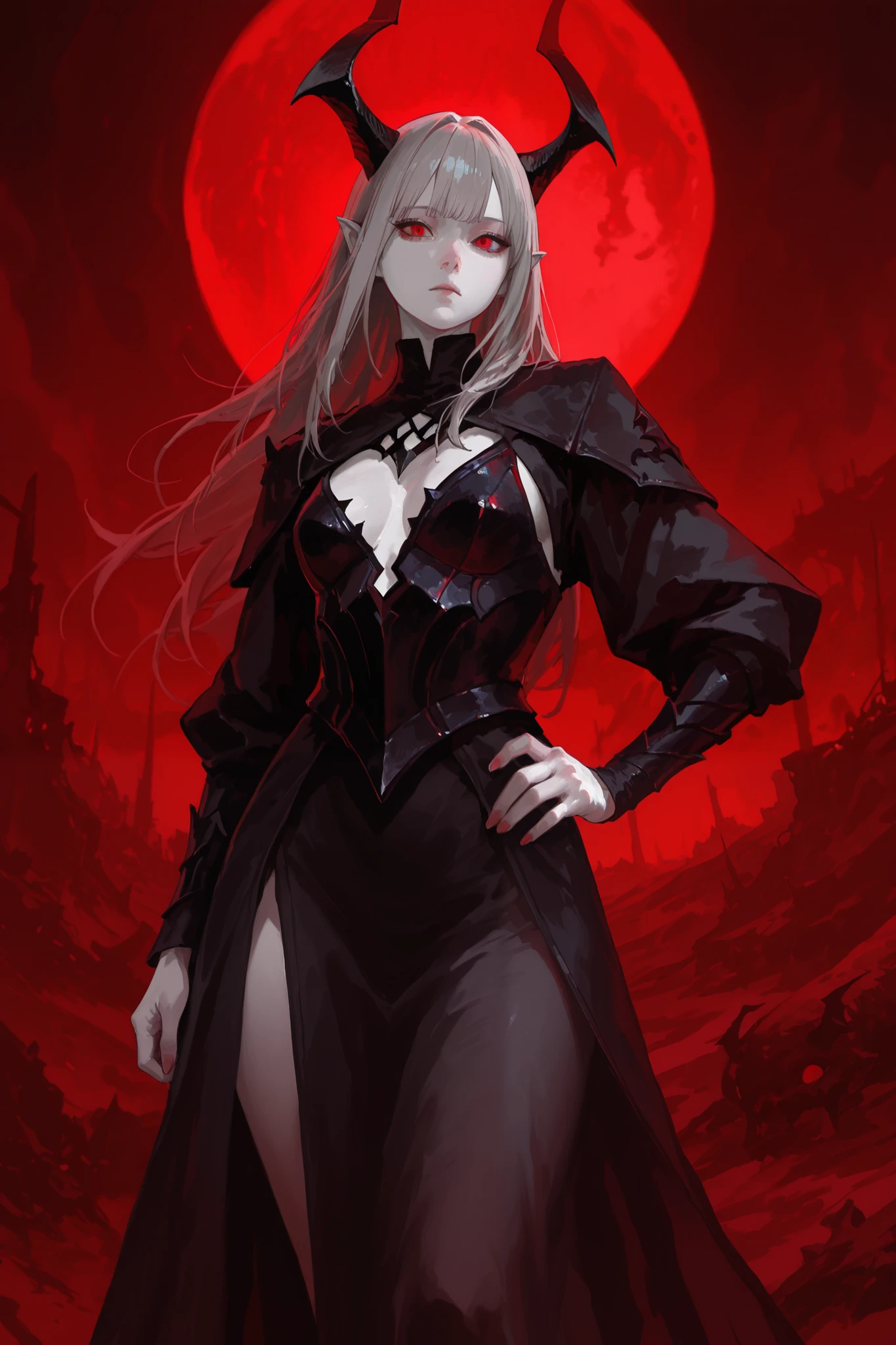 woman, vampire, demon, beautiful, graceful, superior, white long natural perfect hair, independent, vampire queen demon queen, beautiful and noticeable make up, red lipstick, scary, powerful, evil, black victorian dress, hell, queen, cruel, murder, narcisistic, mid-divided hair, depressive, apathetic, niihilistic, hopeless, hateful, disgusted