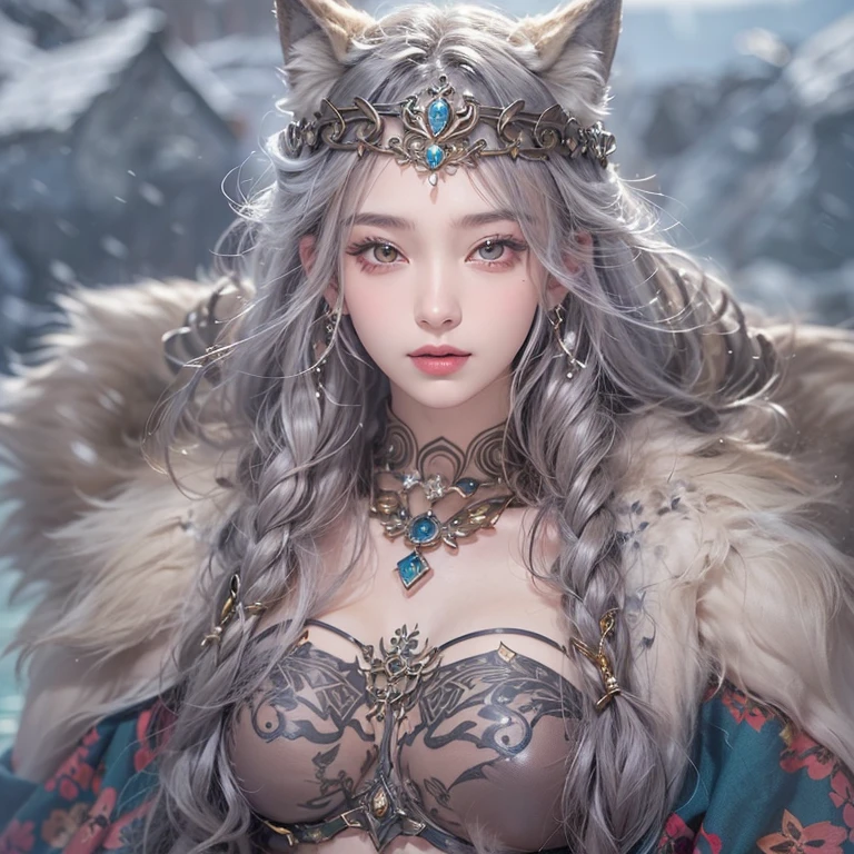 Lakeside surrounded by snowy mountains、Hair Flow、 ((Highest quality、masterpiece、8k、Best image quality、Ultra-high resolution、Award-winning works)、(Accurate anatomy:1.1)、(Look at me and smile:1.1)、Shining fair skin with Ultra-high resolution、The most detailed face、Ultra-high resolution detailed face、Ultra-high resolutionの髪の毛、(Ultra-high resolutionの煌めく瞳:1.1)、Beautiful face drawn in every detail、Ancient Viking clothing, Chest to chest, tattoo, A real wolf is by your side