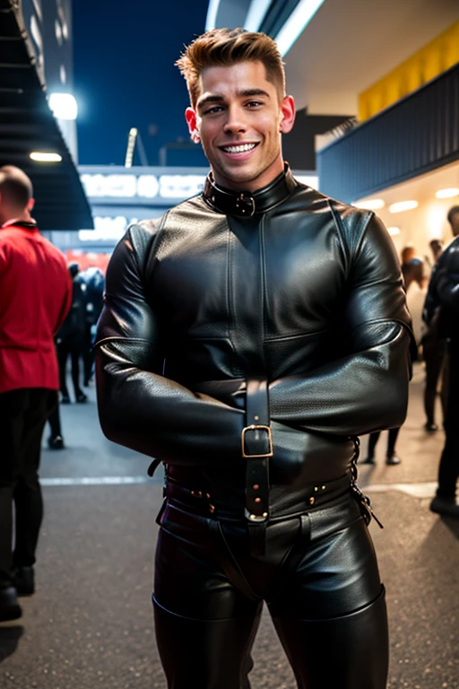 1 man, muscular, bdsm costume, naked, big penis, posing in the street, wearing jacket and leather harness, character design (fate grand order - napoleon) charming deep eyes, sun light muscles, muscular athletic, wearing jacket and leather harness, high resolution, big penis, perfect muscles, a big cannon behind him