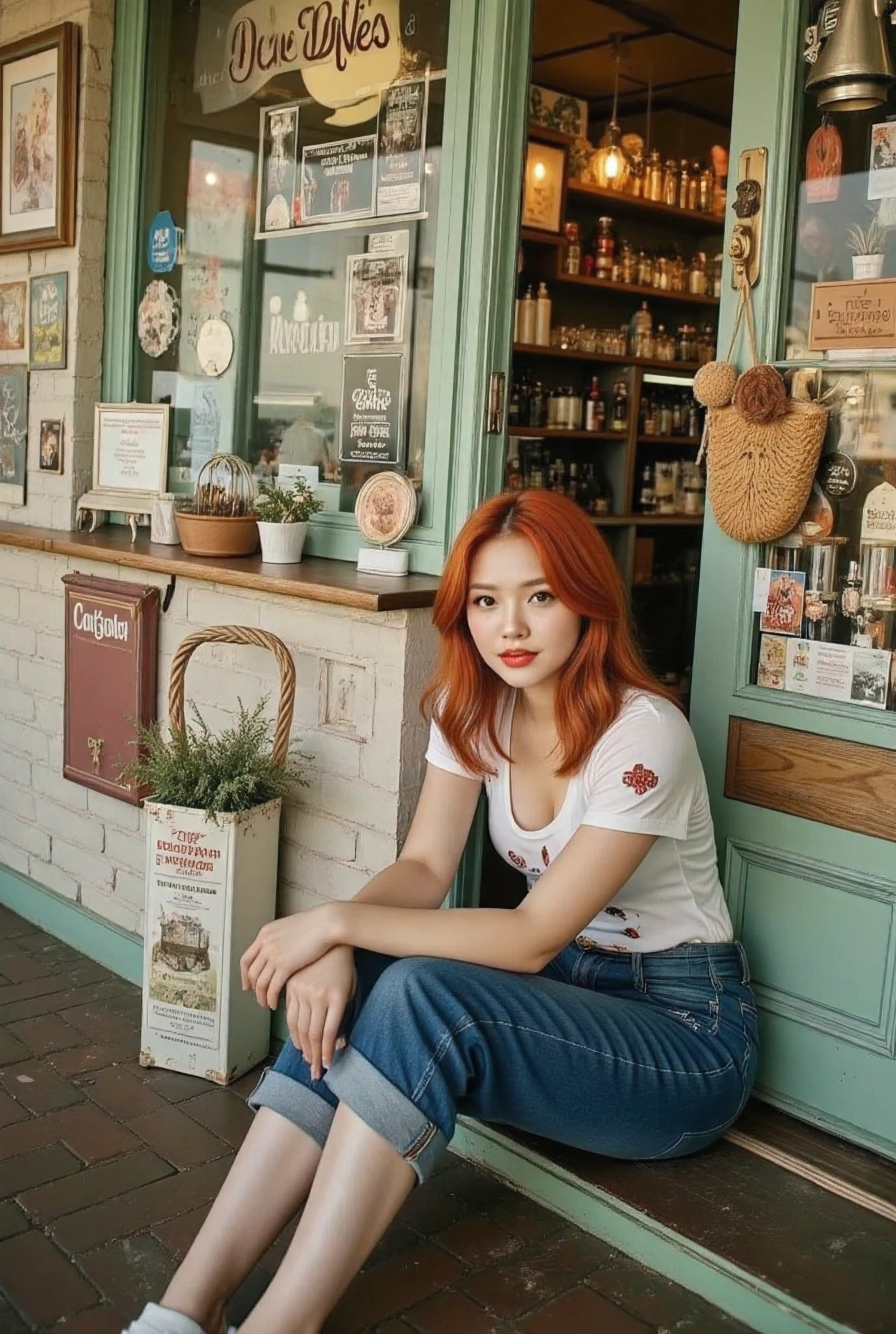 Cute girl flirty smirk redhead with freckles at the shop door sitting on the steps realistic,life-like skin texture,symmetrical,aesthetically pleasing,cinematic composition,vivid colors and detailed portrait,photorealistic,masterpiece,ultra-detailed,sharp focus,physically-based rendering,extreme detail description,professional,vivid colors,high resolution,4K,studio lighting,dramatic lighting,dramatic shadows,dramatic atmosphere,dramatic background,dramatic pose,cinematic framing,cinematic lighting,cinematic camera angle,cinematic depth of field,moody,dark,chiaroscuro,dramatic color palette,dark and moody,dramatic colors