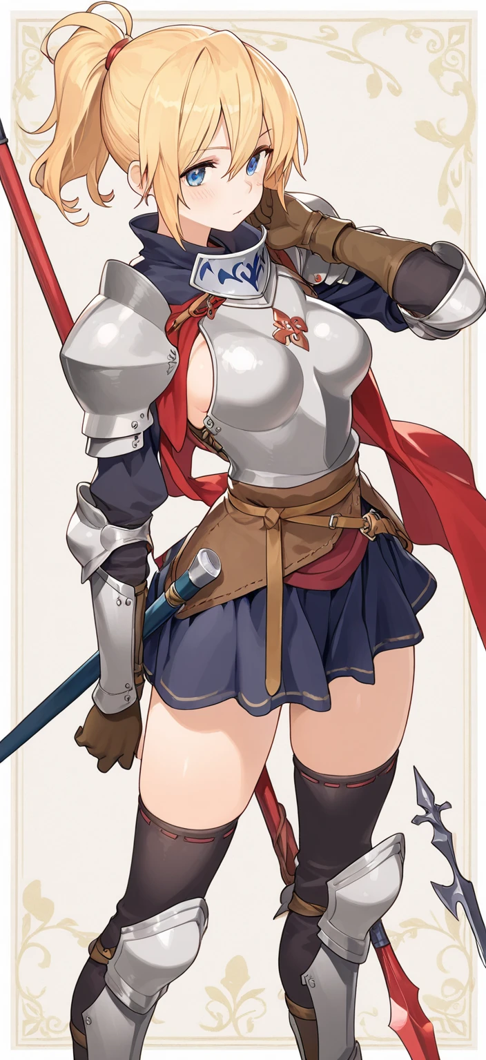 1girl, solo, red hair, red eyes, short hair, headdress, serious, bodysuit, skirt, collar, breast plate, single shoulder pad, elbow gloves, black thighhighs, boots, greaves, standing, outdoors, fighting stance, holding sword masterpiece
