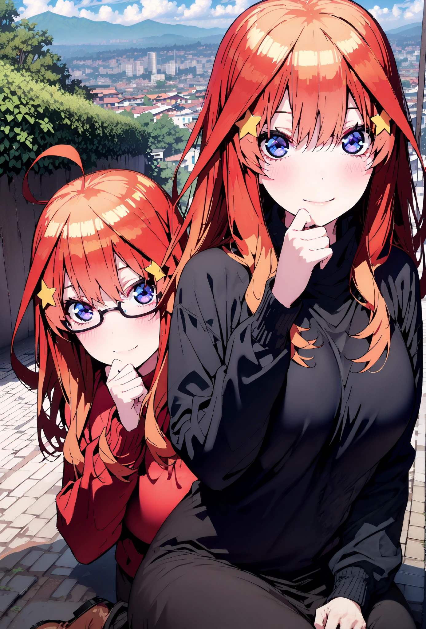 Nakano Mizuki , long hair, blue eyes, hair ornament, red hair, glass, stupid hair,star ( symbol ), half rimless glasses, Underrim Glasses, star hair ornament,smile,cover,close your mouth, Big Breasts, comments,Oversized sweater,( turtleneck:1.2),black long skirt,black pantyhose,boots,Beautiful Scenery,Beautiful cityscape,clothed,full bodyがイラストに入るように,break outdoors,garden,
break looking at viewer,full body,
break (masterpiece:1.2),top quality , kampala, Unity 8K Wallpaper ,(shape:0.8),( fine, beautiful eyes :1.6),It's a person ,full body写真,CG Details , (perfect hands,complete anatomy),