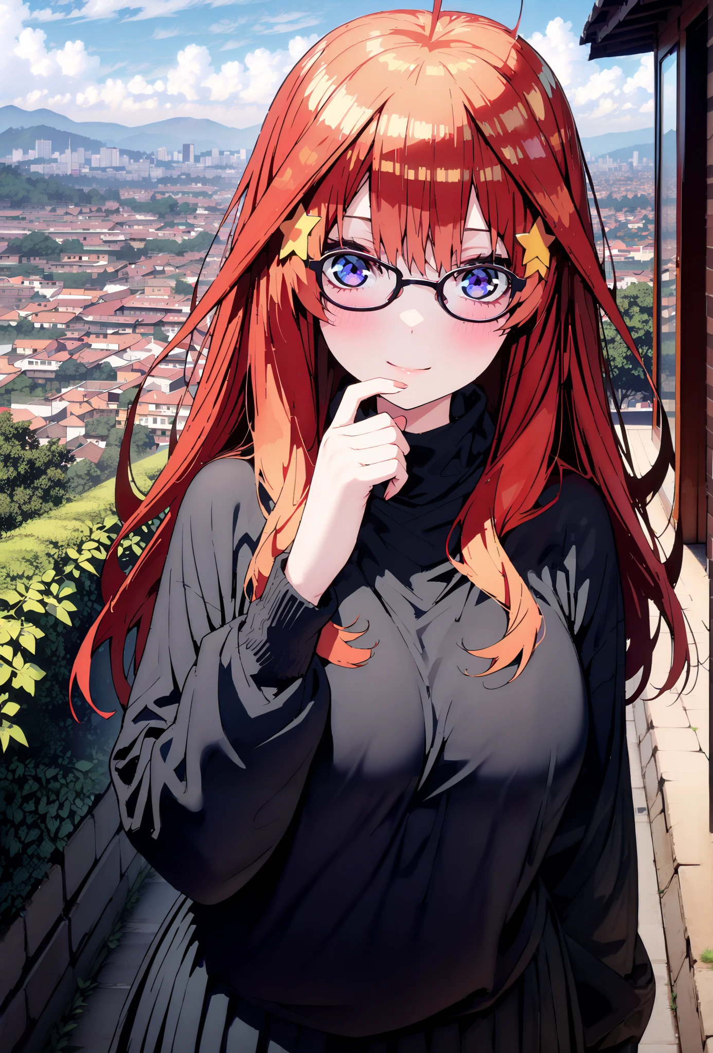 Nakano Mizuki , long hair, blue eyes, hair ornament, red hair, glass, stupid hair,star ( symbol ), half rimless glasses, Underrim Glasses, star hair ornament,smile,cover,close your mouth, Big Breasts, comments,Oversized sweater,( turtleneck:1.2),black long skirt,black pantyhose,boots,Beautiful Scenery,Beautiful cityscape,clothed,full bodyがイラストに入るように,break outdoors,garden,
break looking at viewer,full body,
break (masterpiece:1.2),top quality , kampala, Unity 8K Wallpaper ,(shape:0.8),( fine, beautiful eyes :1.6),It's a person ,full body写真,CG Details , (perfect hands,complete anatomy),