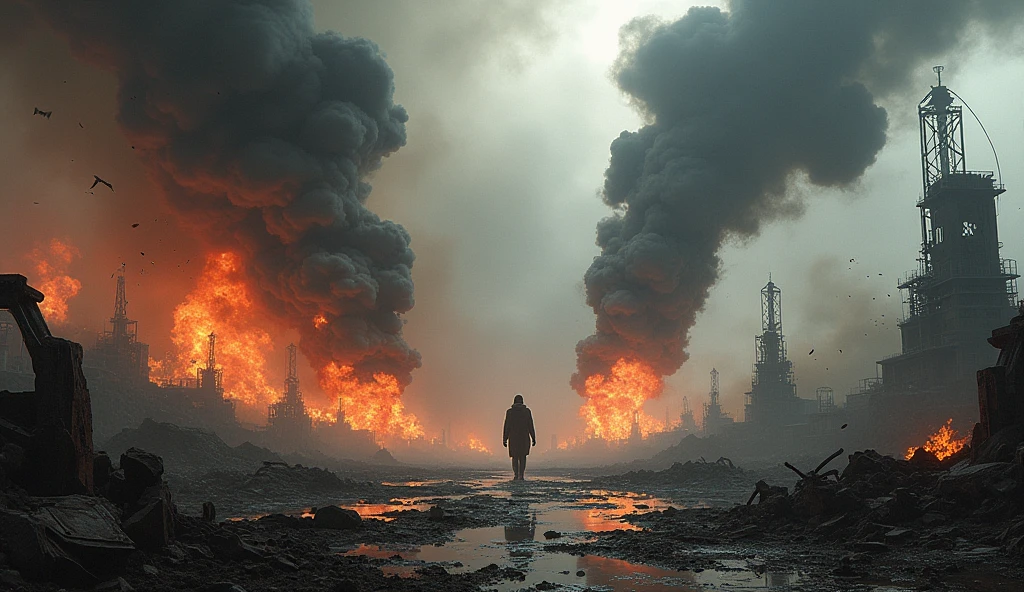 In a post-apocalyptic world swirling with black smoke, future debris and explosive flames collide - a shocking moment captured in a dynamic composition with metallic texture