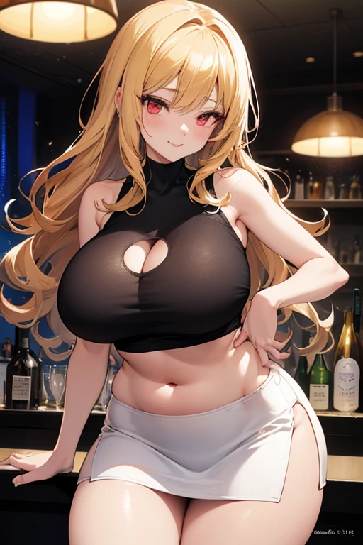 Erotic Anime Illustration、highest quality、cyber punk、Xenoblade Chronicles 2、Hikari、Selling aphrodisiacs、Long blonde hair、Dark basement pub、Concrete wall、Neon sign、Exposed piping、bar counter、Round chair、Plump lewd gal、Perfect proportions、Big Breasts、Thick legs、Naked with legs apart, exposing vagina、Beautiful, shining eyes、smile、Cowboy Shot