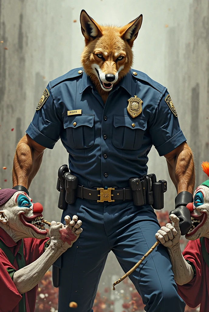 A strong police jackal holding the backbones of three clowns in his hand and a backbone in his mouth