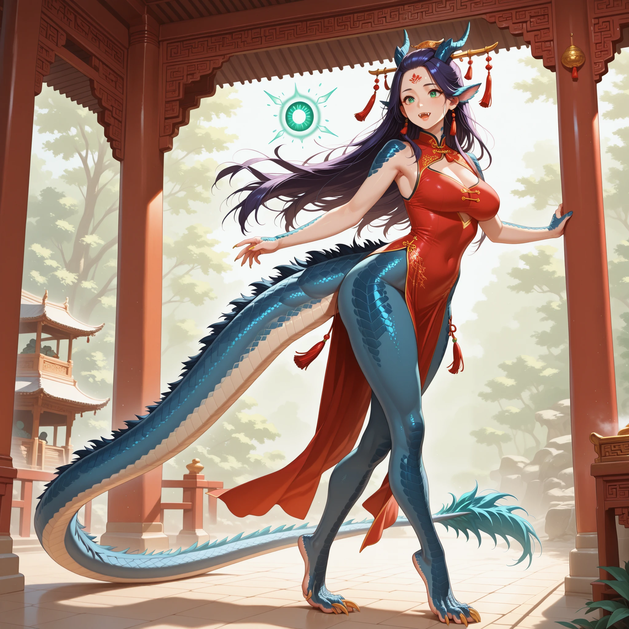 Girl is hybrid of the dragon. She has indigo blue/black straight shoulder-length hairstyle, her bangs are pinned up and pulled back. She has green jade eyes with narrow pupil . she has 4 curved branched horns are located on the forehead. She has long pointy blue fluffy dragon ears. She has long mighty scaly dragon tail with black mane along the spine and black fluffy tassel on tip of her tail. On her skin fully covered with navy blue/azure scales with Nazar pattern. She has her hands fingers and feet toes she has long golden claws. She has red stripes tattoos on her face , and all over her body. Her lips navi blue, she has a gold sharp fangs. She's wearing a red qipao. She's barefoot. She walks in the garden of the oriental temple high in the mountains.