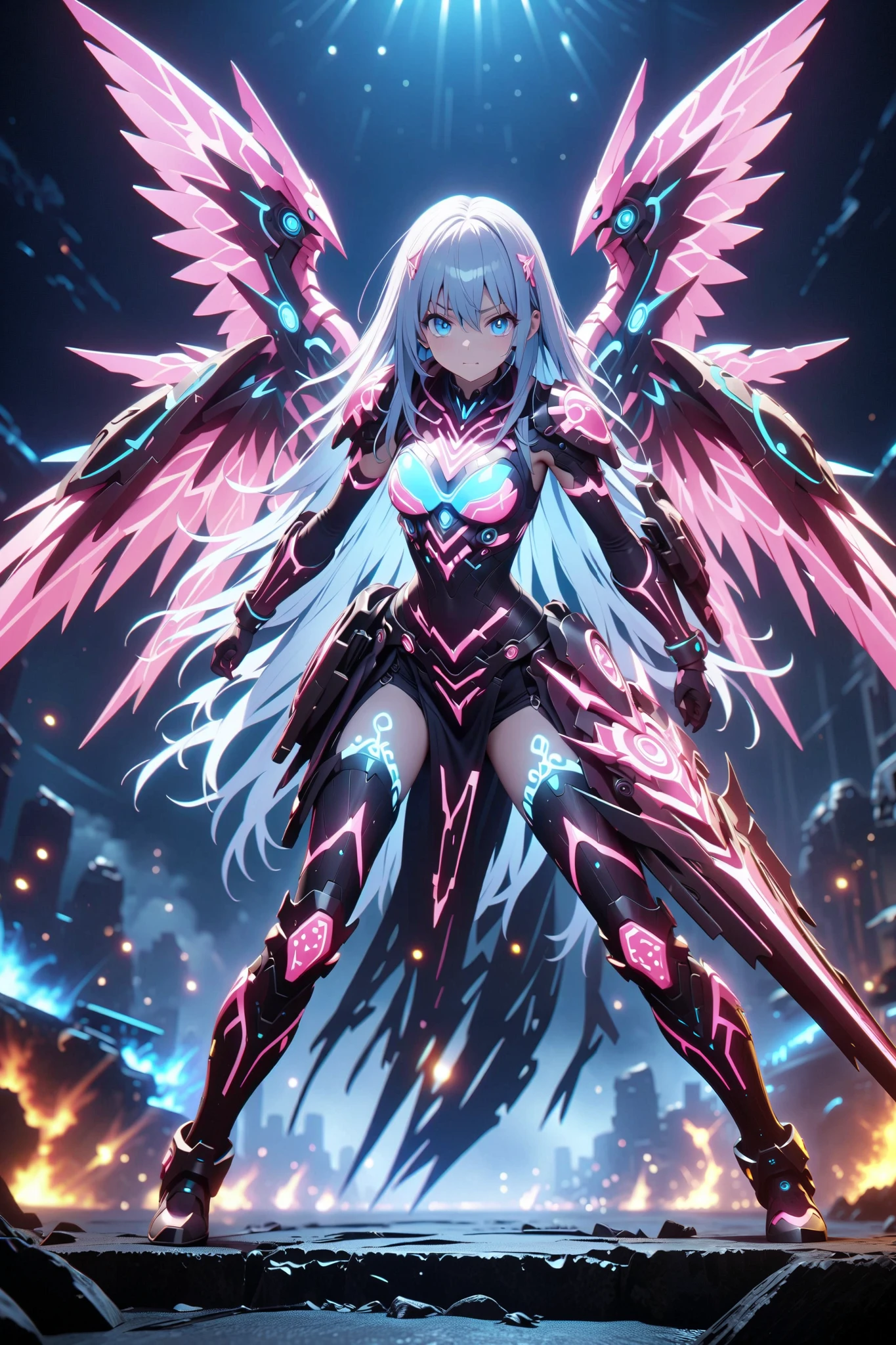 Woman Wearing Precise Machine Armor、
(1 girl), serious expression、 (白いlong hair:1.5), long hair, Blue Eyes , cute face、 Anime Screenshot 、 full body blue neon tattoo 、 Big mechanical wings with neon lights 、Cybernetic Suit 、手形のあるなびく髪、(Firearms of the Near Future:1.2)、 intense expression、Intense Battle Scenes、Dramatic Lighting、bright color、Strong Strokes、dynamic pose due to high contrast 、Detailed hands and weapons、dynamic pose
Hi-Res , masterpiece, accurate, 人体解剖学的に accurate,
anime,
top quality, high image quality model, super accurate, 3d rendering,Battlefield Background、( Ancient Ruins,A city eroded by greenery:1.2)