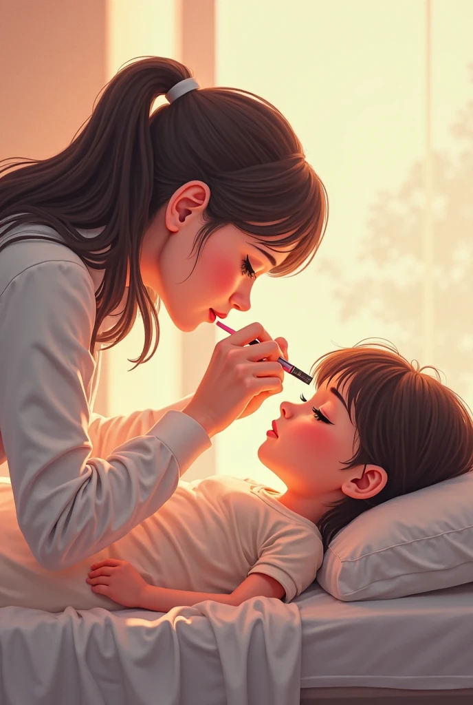 Make a girl dressed in a white blouse, black sneakers, black pants painting a child's face reality