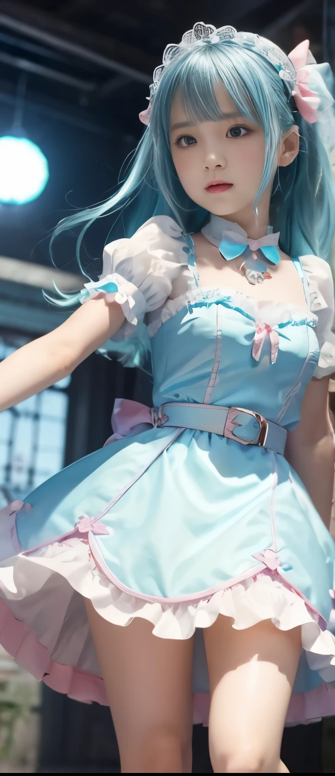 Pure Candy Idol Girl 、A pure girl's face、 hypo、fairytale frill mini dress(pastel blue and white)website、Candy Belt、Illuminated fantasy sword、