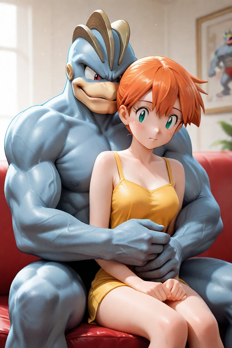 A naked cave woman is bored, her pet blue velociraptor is on the couch. The cave woman is tickling her pet dinosaurs neck and stomach. The dinosaur is wiggling in joy and mocks at trying to get away