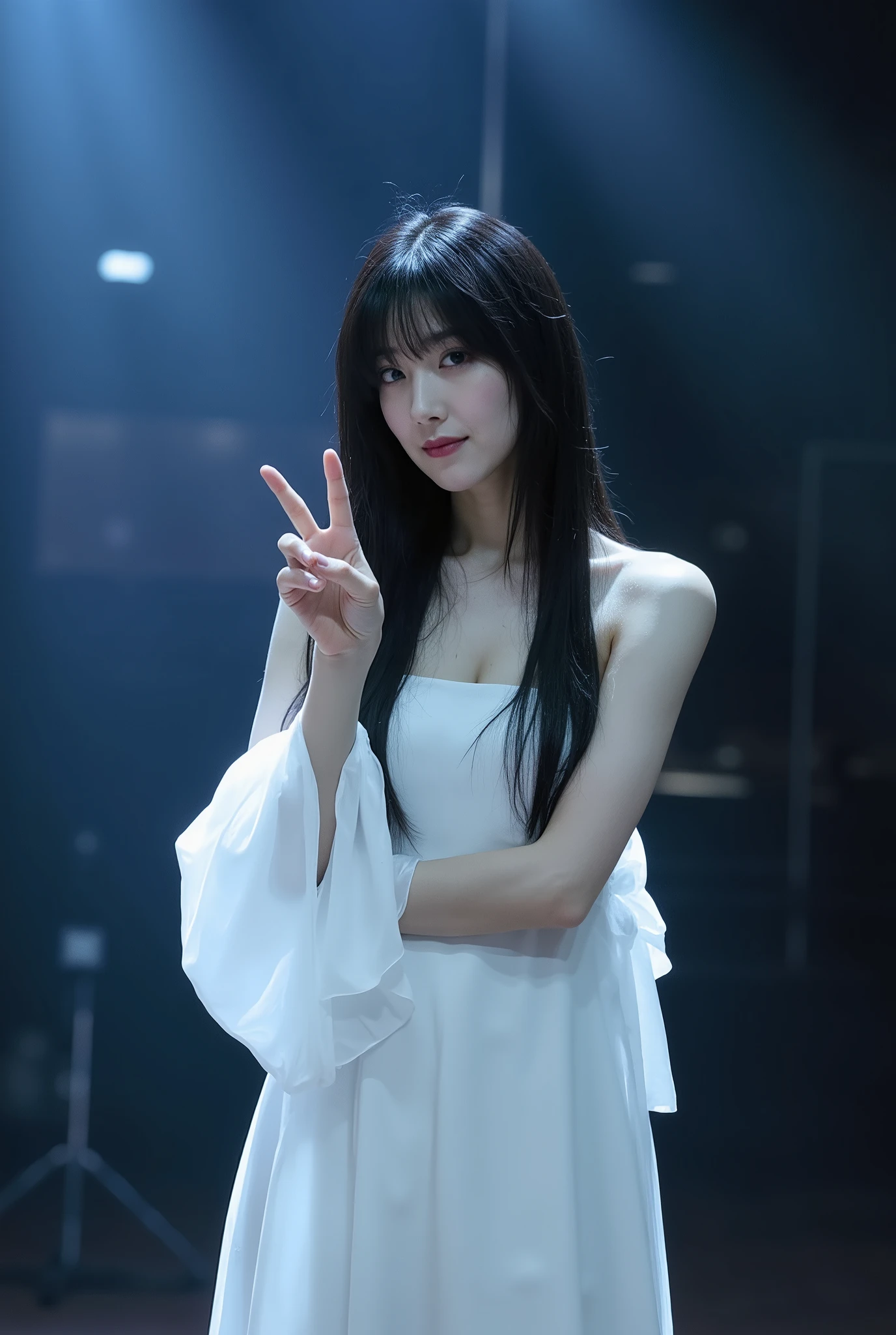 Create an image of a beautiful Japanese actress pauses during the filming of a horror movie, posing for a commemorative photo with fellow actresses. She has a ghostly pale complexion, unhealthy skin tone, and deep purple lips. Her long, messy black hair falls in a single length, with one eye obscured. She wears a flowing pure white dress, set against the backdrop of a film studio set. With a smile, she makes a V sign, illuminated by cinematic lighting.
