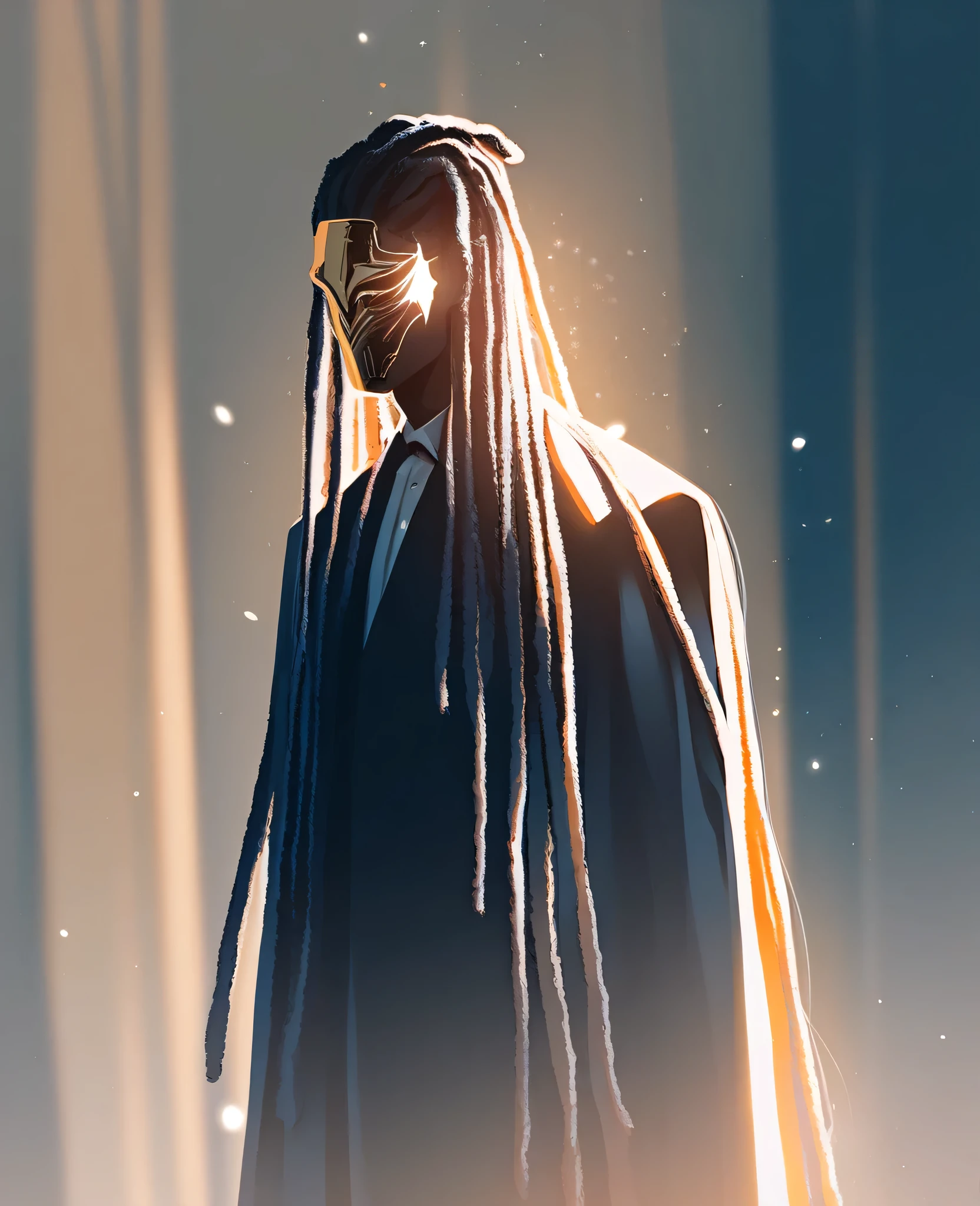 tall, pitch black skin,stars all over skin,skin looks like night sky, golden mask, elegant, fancy full suit, long black dreads, male, drawing, dramatic lighting, cinematic, dark fantasy, moody atmosphere, imposing figure, regal bearing, mysterious aura, deep shadows, dramatic lighting, cinematic composition, moody color palette, long hair,dreadlocks,black hair