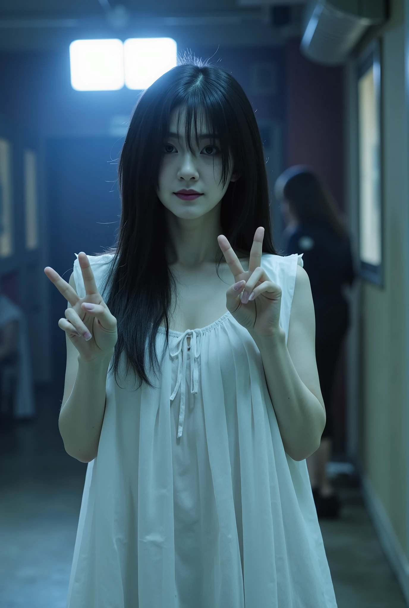 Create an image of a beautiful Japanese actress pauses during the filming of a horror movie, posing for a commemorative photo with fellow actresses. She has a ghostly pale complexion, unhealthy skin tone, and deep purple lips. Her long, messy black hair falls in a single length, with one eye obscured. She wears a flowing pure white dress, set against the backdrop of a film studio set. With a smile, she makes a V sign, illuminated by cinematic lighting.