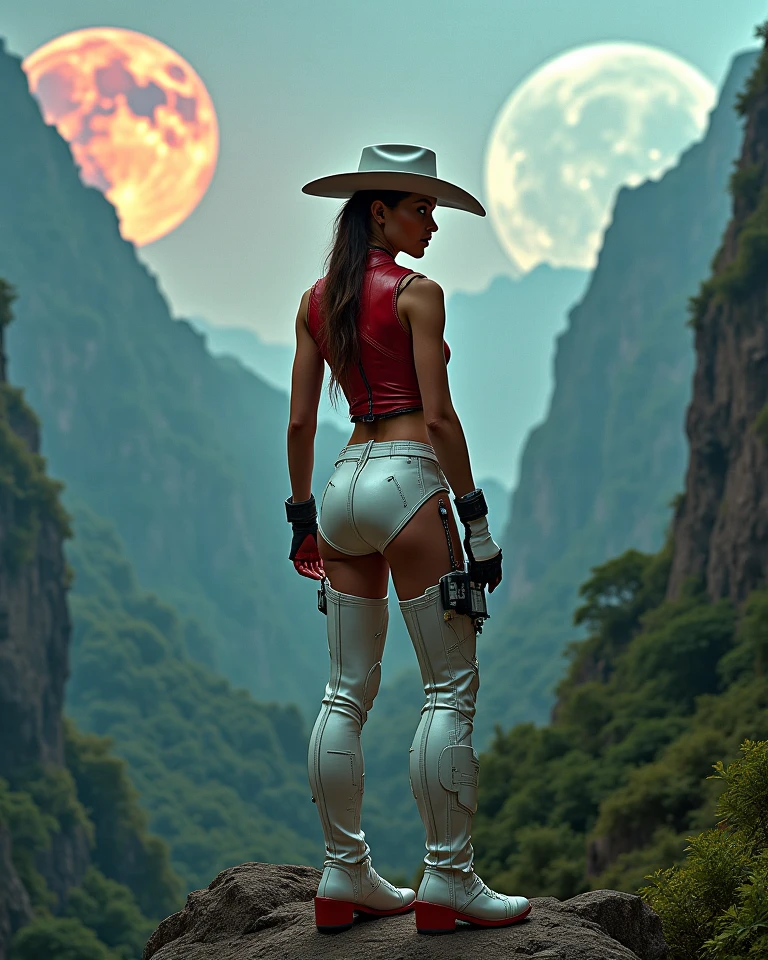 Masterpiece, analog style, bldrnrst, (35mmstyle:1), film-like, rear angle photo of (effortlessly beautiful [cyborg|woman] space outlaw, wearing white latex booty shorts and [Cyberpunk|Dieselpunk] red vest armor, accentuated booty), ((cowboy hat)), (perfect face:1.2), looking back at viewer, (detailed skin), realistic skin texture, [[imperfect skin]], fine details, BREAK
(standing on brink of tall mountain with grand and imposing tropical rainforest on alien planet in the background), (sci-fi), (mountains:1.1), lush green vegetation, vivid details, beautiful colors, [ambient light], (two moons and majestic galaxy in the night sky above in background), [fantasy|scifi]_\(setting\), BREAK
(lens flare:0.7), (bloom 0.6), particle effects, beautiful cinematic light, shallow depth of field, photographed on a Hasselblad X1D II 50c, 90mm f/2.8 cine lens, sharp focus, cinestill 800T, (highly detailed, intricately detailed), HDR, 8k, cinematic film still from [gravity|westworld], from behind, big ass