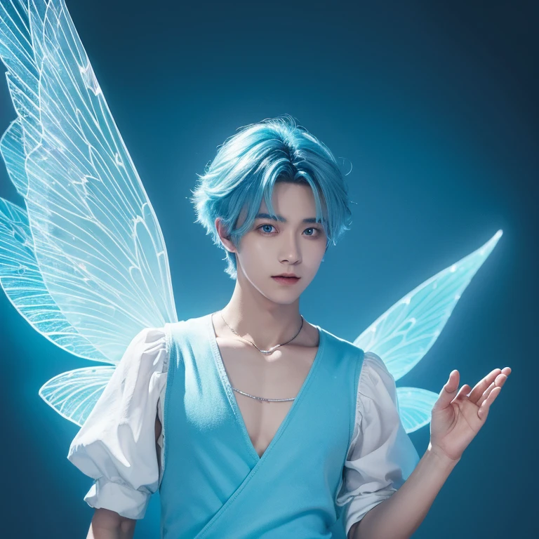 A male fairy in blue clothes holding a bomb with lots of light coming out of it
