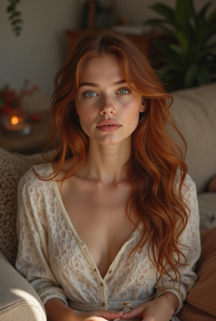 (photorealism:1.9), beautiful 20 yeras old auburn hair woman, sitting on bed, wearing loose off-shoulder top, pajama pants, long wavy hair, indoors, soft lighting, plants in background, window with sunlight, cozy room, relaxed pose, realistic, intricate details, warm colors, by Greg Rutkowski, by Alphonse Mucha,fair skin,large breasts,green eyes,sharp photo