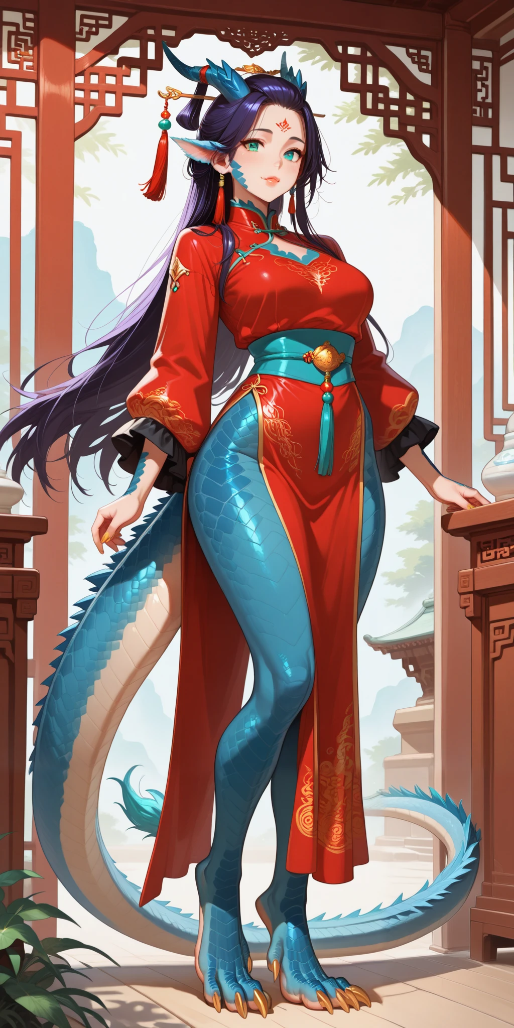 Girl is hybrid of the dragon. She has indigo blue/black straight shot hairstyle, her bangs are pinned up and pulled back. She has green/turquoise eyes with narrow pupil. she has 4 curved branched horns are located on the forehead. She has long pointy blue fluffy dragon ears. She has long mighty scaly dragon tail with black mane along the spine and black fluffy tassel on tip of her tail. On her skin fully covered with indigo blue/azure scales with Nazar pattern. She has her hands fingers and feet toes she has long golden claws. She has red stripes tattoos on her face , and all over her body. Her lips navi blue, she has a gold sharp fangs. She's wearing a red qipao. She's barefoot. She walks in the garden of the oriental temple high in the mountains.