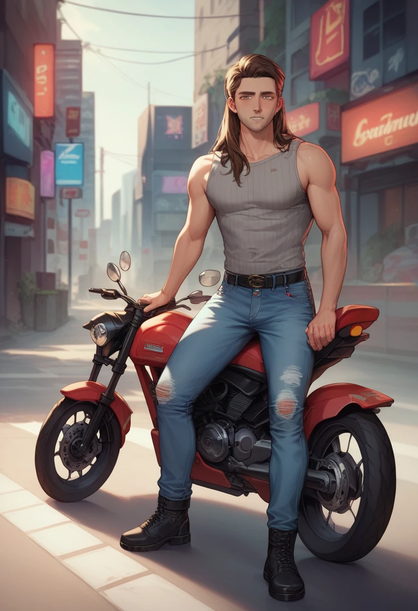 HD quality, high definition, male 18 years old handsome, muscular and slim, red lips, leaning against a motircycle, naked exposed crotch penis, model with bracelets, earrings and Necklace, wearing cap and sunglasses, open vest, fully nude and naked body, eyebrowse angry, side view, wearing shoes