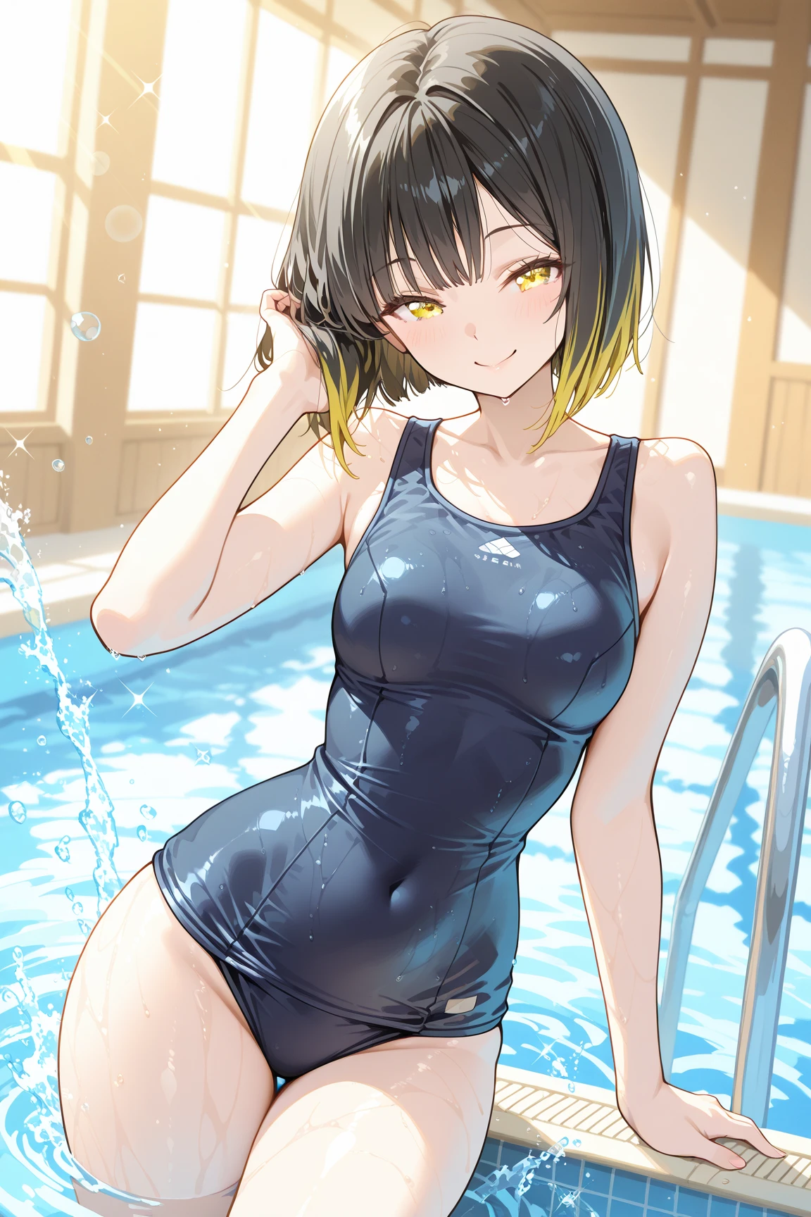 masterpiece, best quality, ultra high resolution, highly detailed, anime-style,  
Ai-chan, a cheerful and athletic Heisei-era schoolgirl with short wavy black bob hair and striking golden eyes, fair skin,  
wearing a classic navy blue one-piece school swimsuit, the fabric clinging softly to her slender and graceful figure,  
her posture lively and dynamic, one hand brushing wet hair back, the other extended playfully,  
**fine water droplets sparkling in the sunlight**, water splashing around her as if she just surfaced from a playful dive,  
her expression: **a dazzling and bright smile**, slightly squinting from the sun, eyes filled with energy and joy,  
background: a clear blue school pool with rippling surface, sunbeams filtering through, water glistening on her skin,  
subtle highlights along her waist and hips emphasize her **smooth, athletic body lines**,  
a perfectly timed shot capturing **Summer sparkle x sense of youth x Ai-chan's innocent smile**
