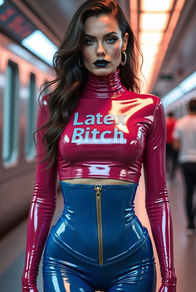 (Crowded train, a very cute woman in tight black leather jacket and leather pants.) ((Wearing black leather jacket with open chest and tight waist: 1.6.) 40k, photography, masterpiece, best quality, dark gray background, ((1 girl with blue eyes and gorgeous light blonde hair, she wears glasses on her beautiful face ,)), big ass full breasts until waiting to be worn (big ass stained with white liquid, chest stained with a lot of white liquid), big breasts (E cup, no bra, deep V collar, chest stained with white liquid) abdomen, kneeling position, pouting ass, back (hot dog spraying behind ass), The girl (holding a hot dog bursting pulp in her mouth) ((:1.4)), super delicate face, delicate eyes.
