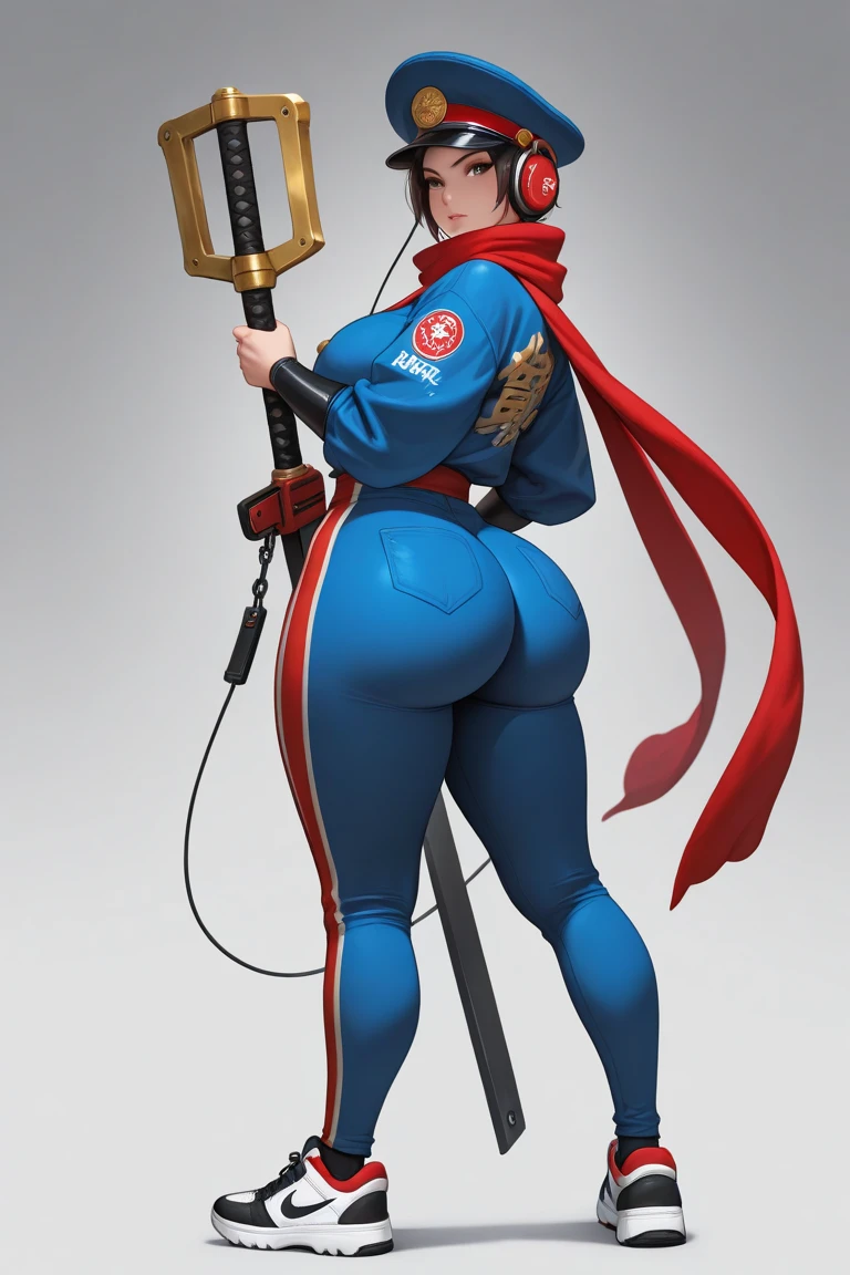 (masterpiece, best quality:1.1), thief (dq3), 1girl, solo, short hair, white hair, blue eyes, medium breasts, pink gloves, jewelry, pearl necklace, earrings, belt, sword, yellow breastplate, black bodysuit, bag, (coin, sword on hip:1.2), (dutch angle, dynamic pose, from behind:1.3), (blue skies, nature:1.2)