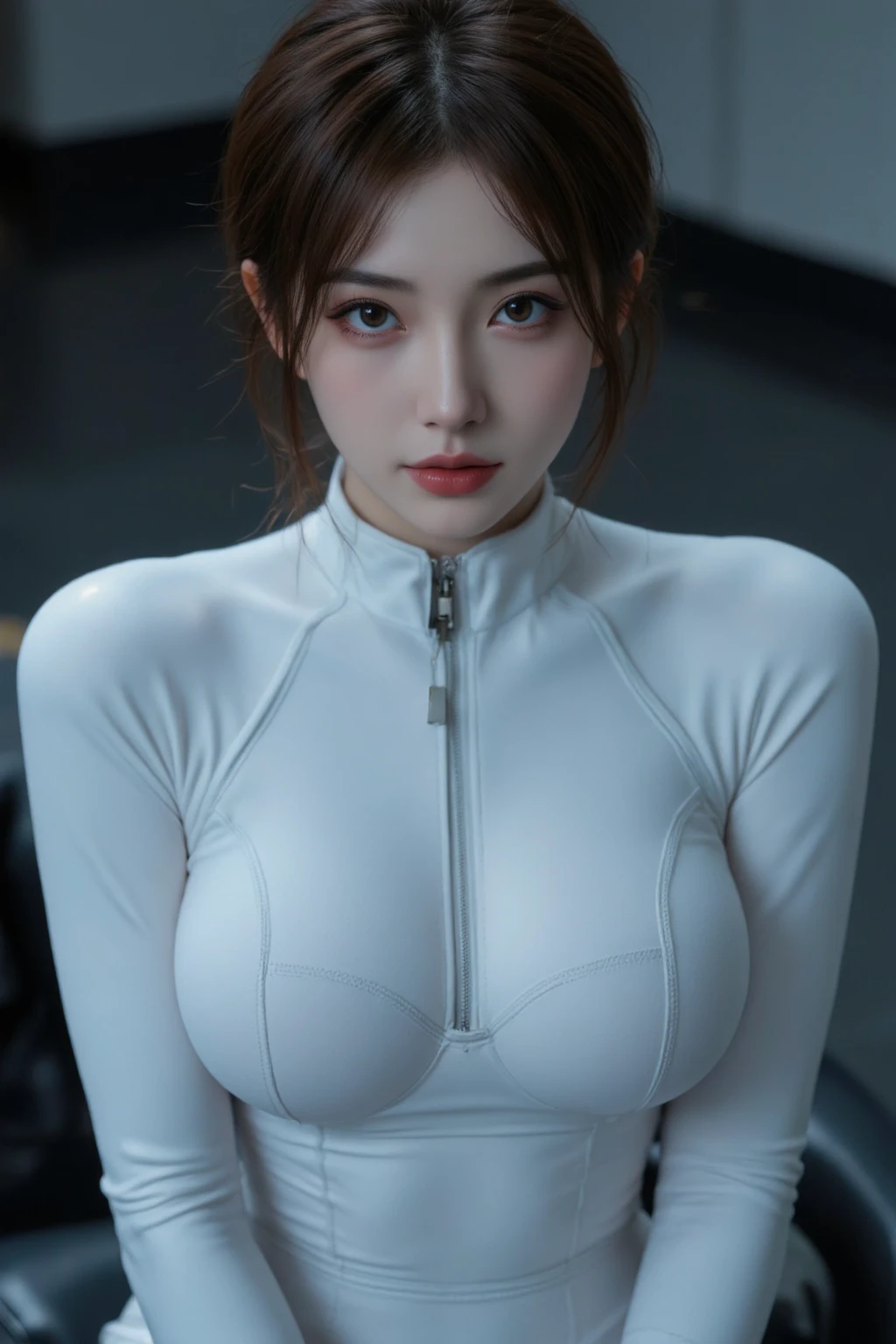 1 woman、Korean、Korean、cyberpunk suit、smooth rubber、tight suit、chest chuck、intricate details、high quality、(upscale:1.4)、Staring at me、ultra realistic 8k、Perfection face、perfection、clean、masterpiece、professional artwork、famous works、Perfection face、beautiful expression、beautiful eyes、short black hair、high heels、wet hair、very big breasts、best image quality、natural background、(focus on chest)、No pants, (RAW Photography:1.2)、top-quality、white, a beautiful detailed girl、tight water suit、latex wet suit, a smile、Twin-tailed、extremely detailed eye and face、beatiful detailed eyes、huge filesize、hight resolution、hight resolution、8k wallpapenely detail、Highly detailed ticker uniform 8k wallpaper、Light on the face、movie lighting、16-year-old girl、sexy pose、(photorealisim:1.4)、illustratio、surrealism、 frombelow、super detailing、​masterpiece