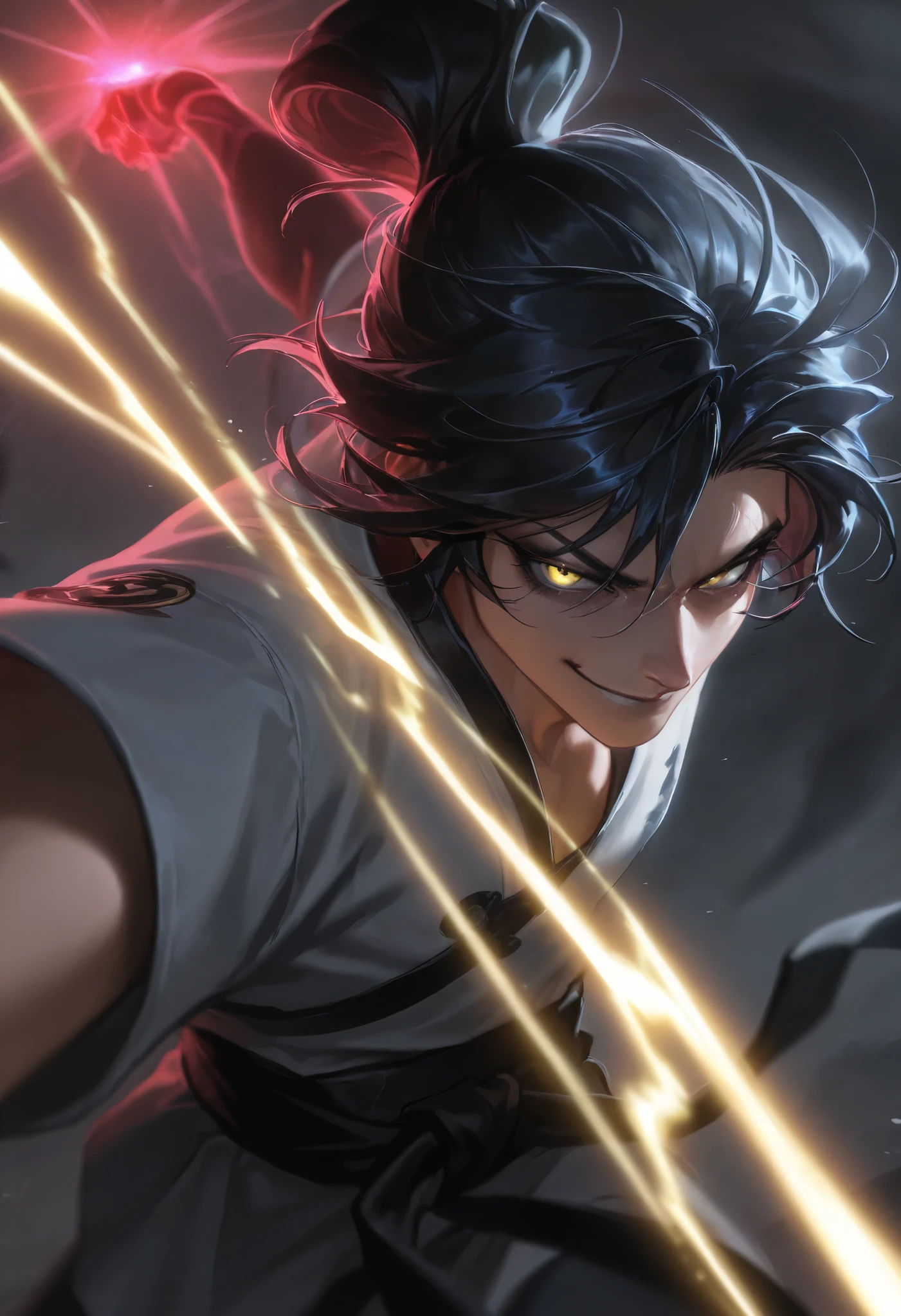 Masterpiece, best quality, nitid, ultra detailed, man's face with lightning and thunder, anger, wrath, supreme god, smooth black armor