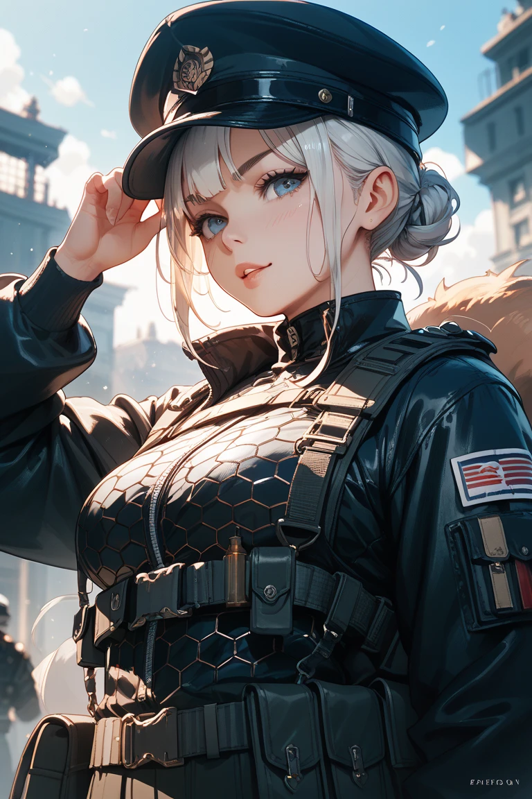 ((highest quality)), ((masterpiece)), 8k, One girl, Bulletproof vest, light, Highly detailed CG Unity 8k ,Beautiful detailed girl,Detailed eyes, Detailed face, View your viewers, gloves, boots, whole body, clock, computer, mask, Drone, Have a weapon, Jacket, (Background Destroyed city) , explosion , cigarette