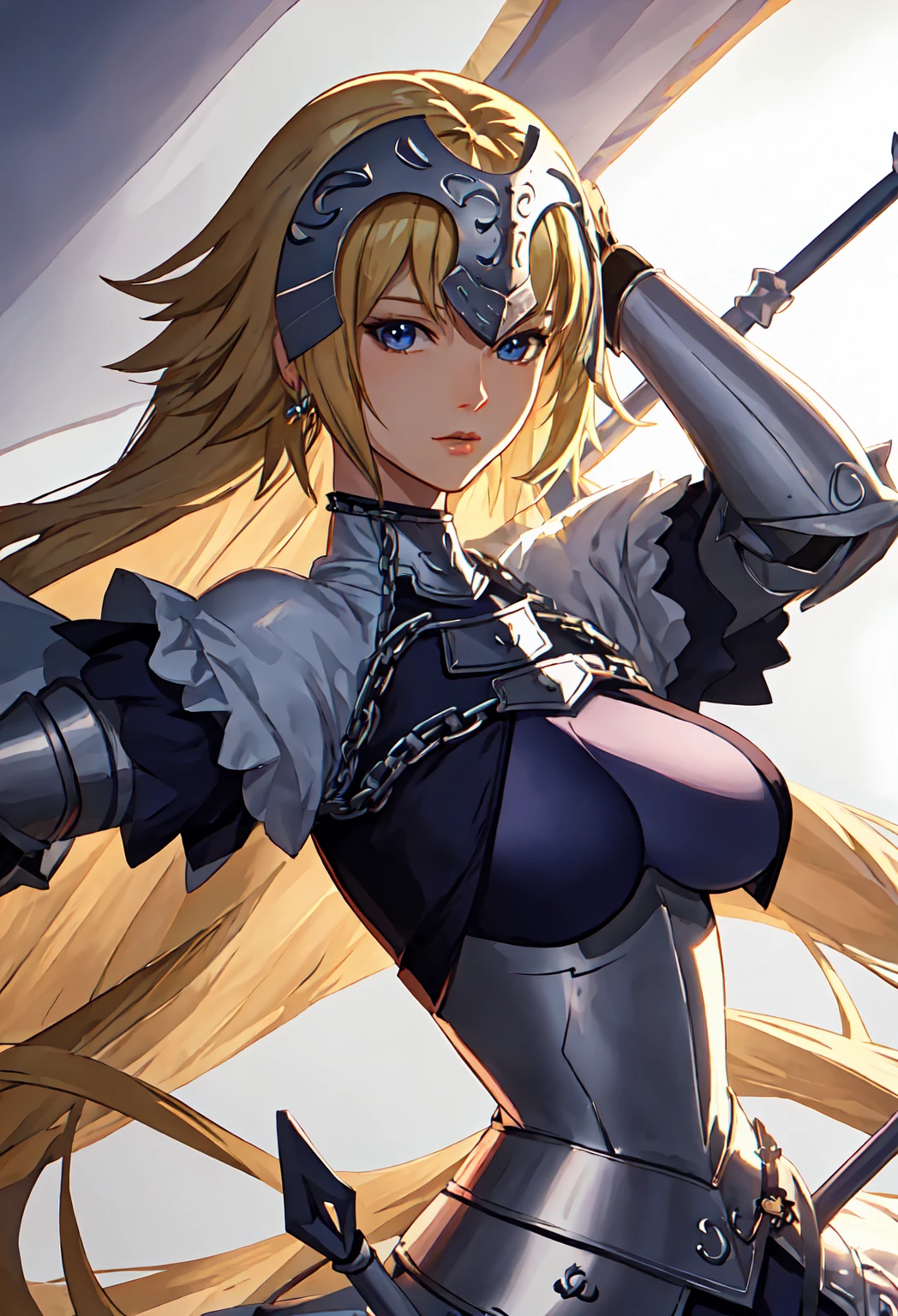 masterpiece, best quality, 1girl, breasts, solo, blonde-hair, blue-eyes, pelvic-curtain, navel, armor, large-breasts, ponytail, cape, cleavage, gloves, weapon, looking-at-viewer, smile, boots, fingerless-gloves, full-body, very-long-hair, standing, revealing-clothes, bikini-armor, black-gloves, fur-trim, simple-background, thighhighs, stomach, hand-on-hip, gauntlets, shoulder-armor, hair-bow, closed-mouth, bow, high-heels, midriff, armored-boots, hand-up, thigh-boots, thighs, ribbon, hair-between-eyes, v-shaped-eyebrows, blush, hair-ribbon, sheath

