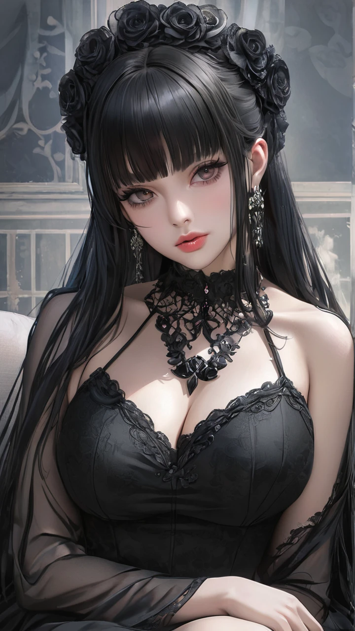Draw Genshin Style, Adult girl, maid outfit, Bblack hair,long hair,black bangs, perfect hands, malicious expression, perfect toes