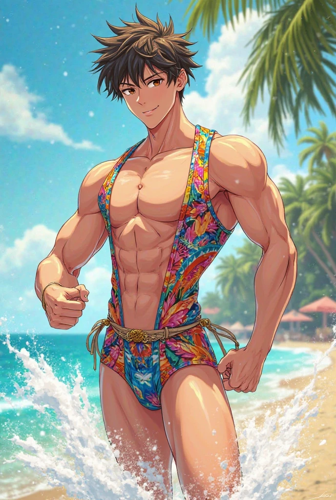 Roy Mustang from Full Metal Alchemist, wearing swimsuit, sunglasses and light hawaiian shirt, smug smile, bodybuilder, defined body, posing, shirtless, abs, big legs