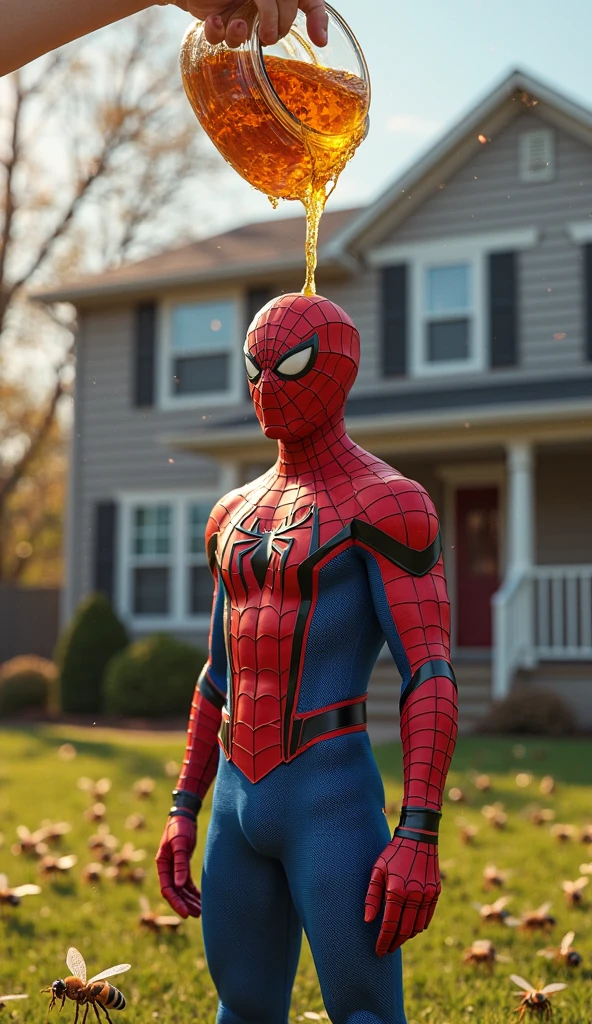 Spider man,sitting on armchair,room ,christmas tree  in room,dark american style room