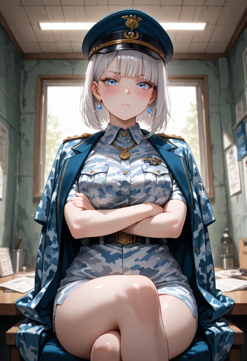 ((solo)), amazing masterpiece, top quality, high fashion, absurdres extremely, HDR, intricate details, vivid colors, very cute face, very cute albino white skinned girl, silver hair, short hair, cowboy shot, close up, cute girl, solo, blunt bangs, medium hair, sapphire blue eyes, Enchanting Eyes, medium breasts, Commander badge, Dock tag necklace, a cloak, military cap, military costume, Pierced earrings, white camouflage patterns, blush, curvy beauty, flawless smooth skin, serious expression, indoors, Operation room, sitting, crossed arms, crossed legs