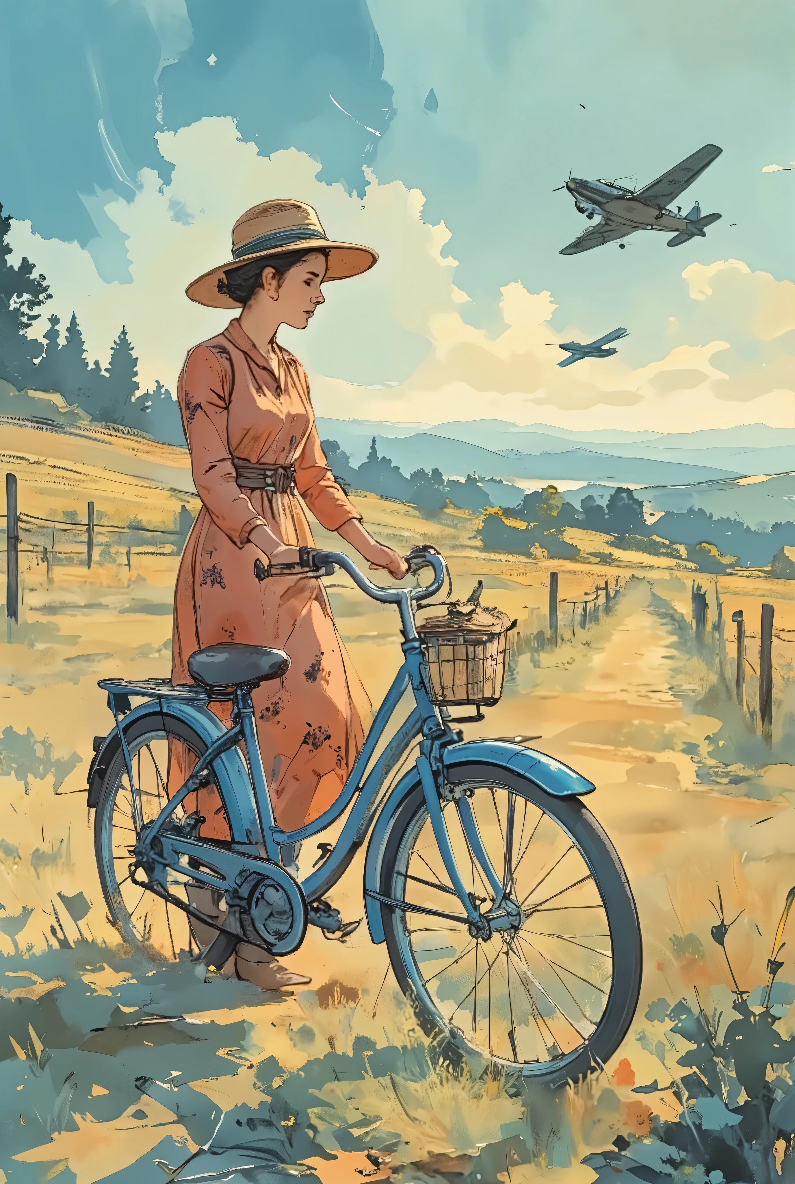 A young woman wearing a woman's hat and a red floral dress, standing next and holding a vintage blue bicycle in a french vineyard and grassy field, during the 40's. Windy weather. We can see 3 little german war planes high in the sky far away in the background. Splendid Watercolor ink wash illustration retro style