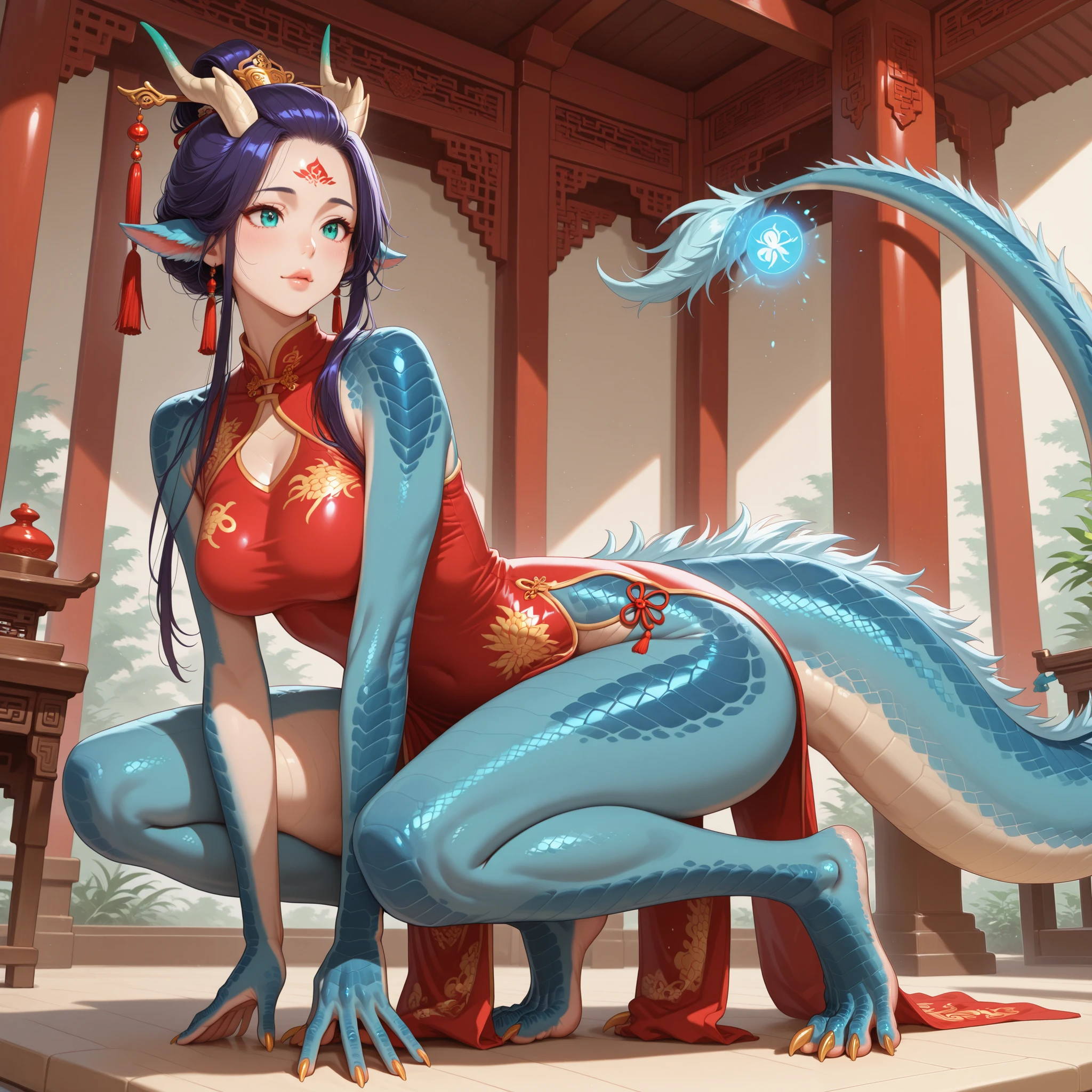 Girl is hybrid of the dragon. She has indigo blue/black straight shot hairstyle, her bangs are pinned up and pulled back. She has green/turquoise eyes with narrow pupil. she has 4 curved branched horns are located on the forehead. She has long pointy blue fluffy dragon ears. She has long mighty scaly dragon tail with black mane along the spine and black fluffy tassel on tip of her tail. On her skin fully covered with indigo blue/azure scales with Nazar pattern. She has her hands fingers and feet toes she has long golden claws. She has red stripes tattoos on her face , and all over her body. Her lips navi blue, she has a gold sharp fangs. She's wearing a red qipao. She's barefoot. She walks in the garden of the oriental temple high in the mountains.