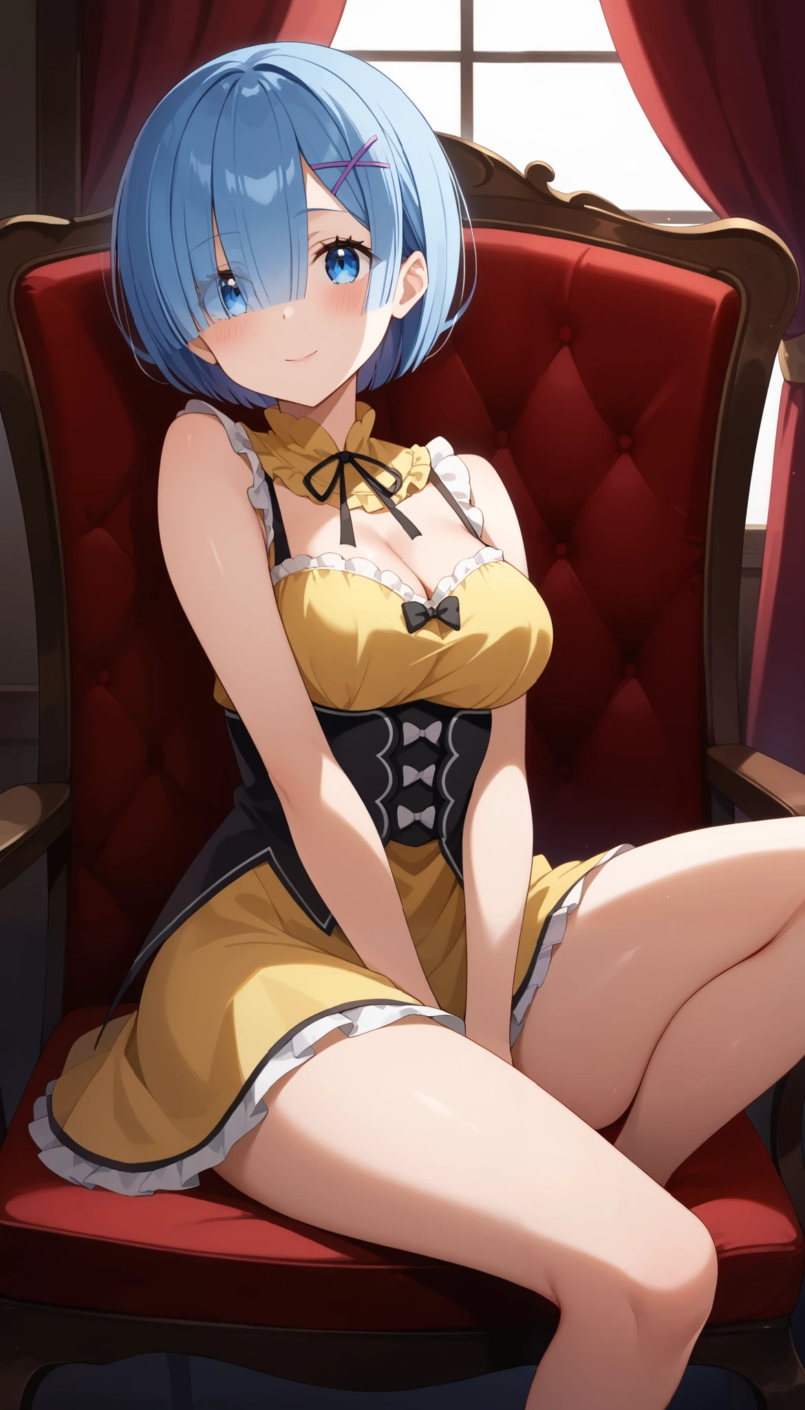 Rem Rem  / Re:Zero、((Yellow Dress ))、(angle from above)、chair in a half-sleeping position、Chest Valley、Ulchan-6500-v1.1, ( RAW photos :1.2), beautiful detailed, very detailed目 美しい目, beautiful eyes、 Blue Eyes 、 file size is large, high resolution, very detailed, top quality, [masterpiece:1.6], Awareness-raising, very detailed, CG, finely, top quality, 8K wallpaper, perfect figure、dynamic、very detailed、short hair、light blue hair tied at the top、cover、thighs、Bare legs