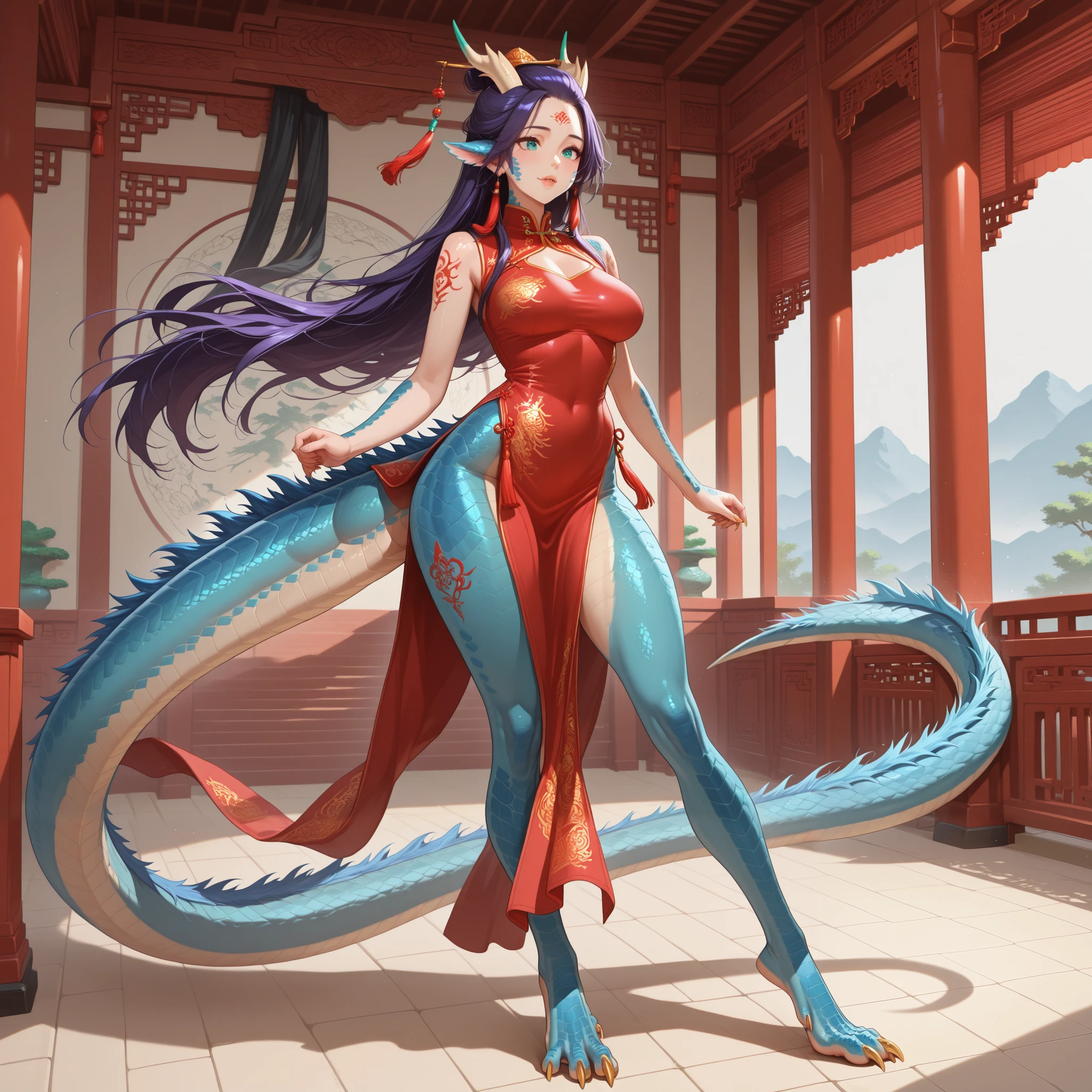Girl is hybrid of the dragon. She has indigo blue/black straight shot hairstyle, her bangs are pinned up and pulled back. She has green/turquoise eyes with narrow pupil. she has 4 curved branched horns are located on the forehead. She has long pointy blue fluffy dragon ears. She has long mighty scaly dragon tail with black mane along the spine and black fluffy tassel on tip of her tail. On her skin fully covered with indigo blue/azure scales with Nazar pattern. She has her hands fingers and feet toes she has long golden claws. She has red stripes tattoos on her face , and all over her body. Her lips navi blue, she has a gold sharp fangs. She's wearing a red qipao. She's barefoot. She walks in the garden of the oriental temple high in the mountains.